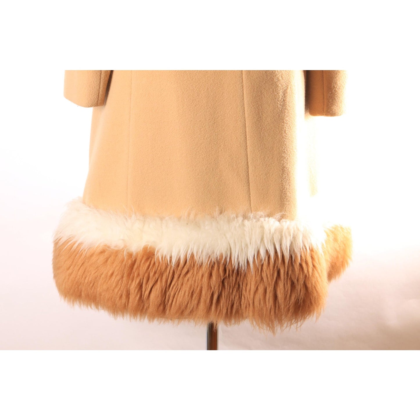 Early 1960s Brown and Cream Shearling Fur Trim Collar and Hem Wrap Princess Coat by Youthcraft