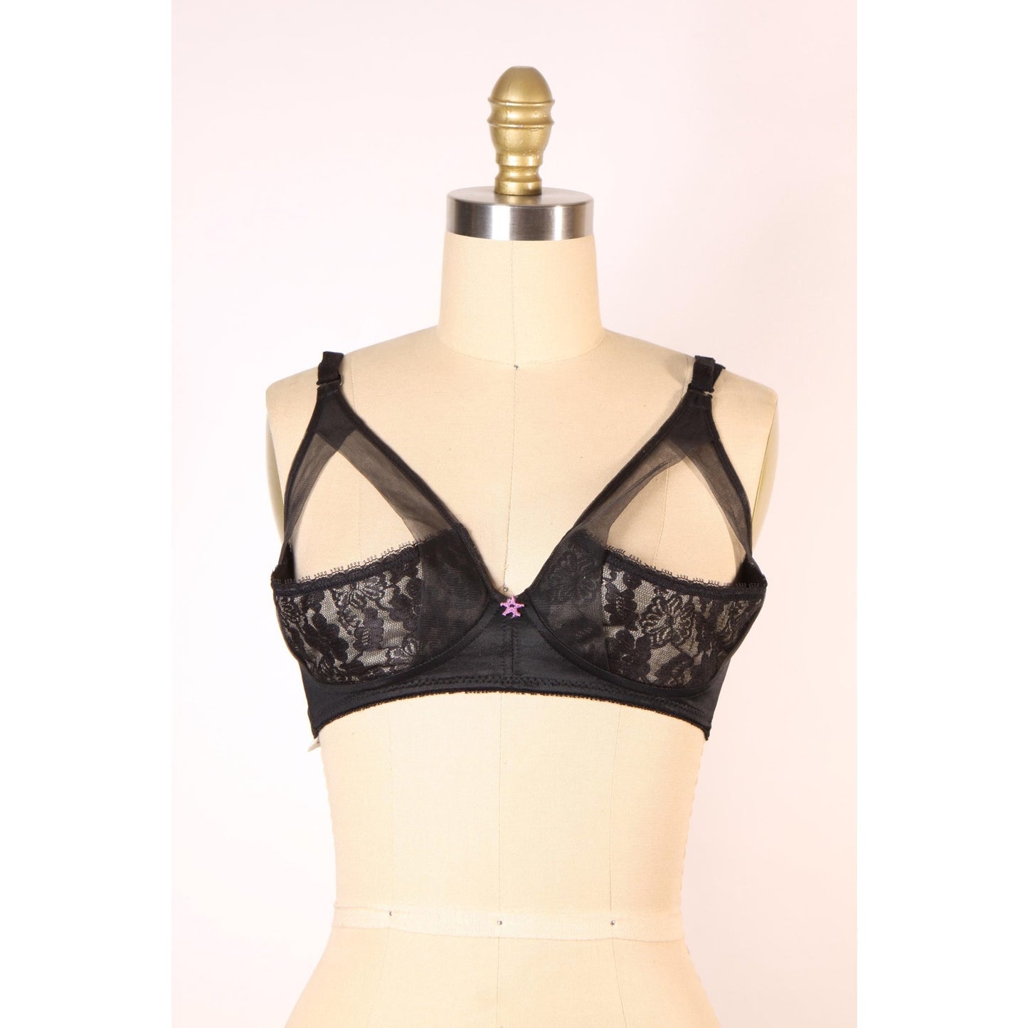 1970s Black Open Cup Sheer Floral Lace Trim Pink Star Detail Shelf Bra by Fredericks of Hollywood-38