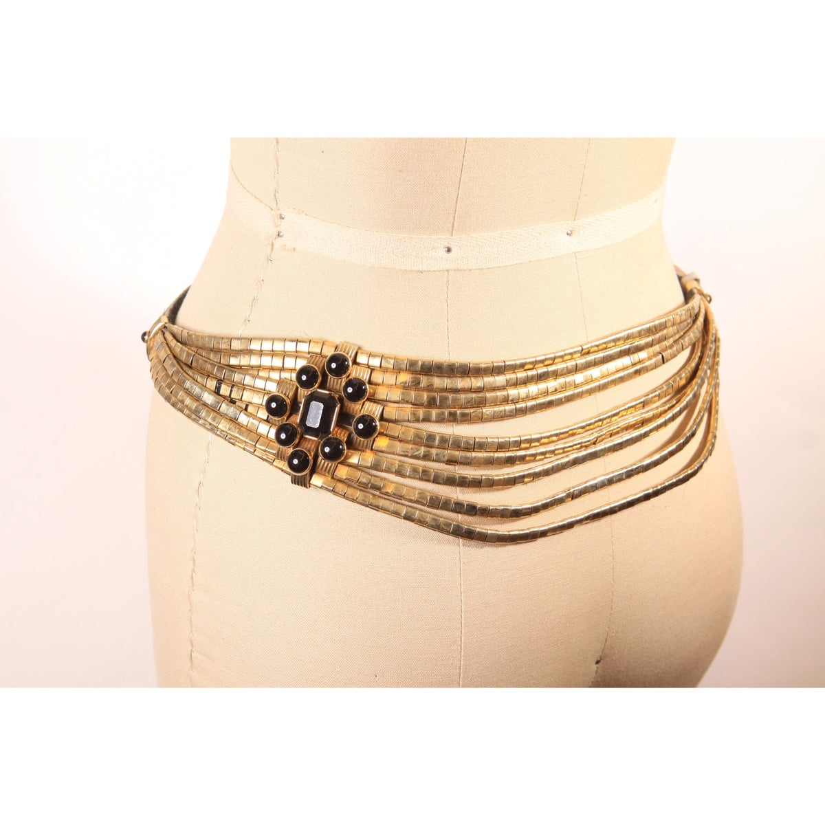 1980s Black Leather and Gold Tone Metal Draped Chain Belt Faux Gemstone Belt