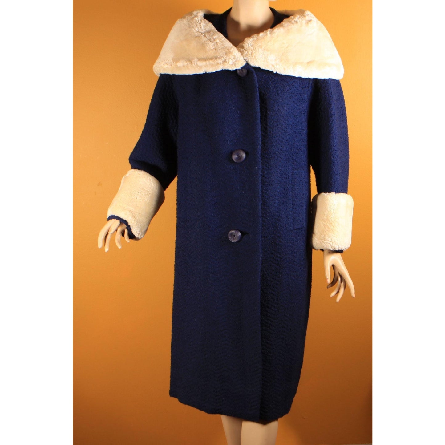 1950s Blue Long Sleeve Cream Sheared Chinchilla Fur Cuff and Collar Coat by Adler's and Jeshiva -XL