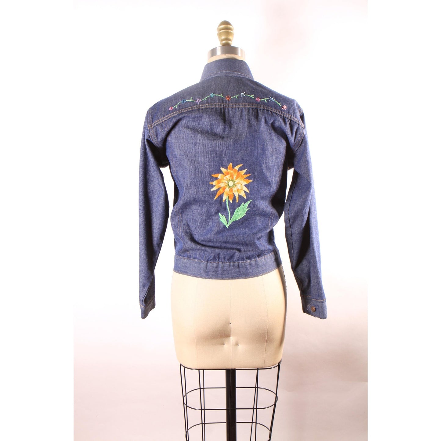 1970s Blue Denim Novelty Embroidered Floral Flowers Sunflowers and Strawberry Cropped Denim Jacket by Levi's -M