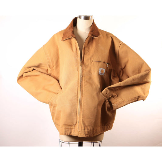 1980s Tan Long Sleeve Corduroy Collar Blanket Lined Zip Up Jacket Chore Coat by Carhartt