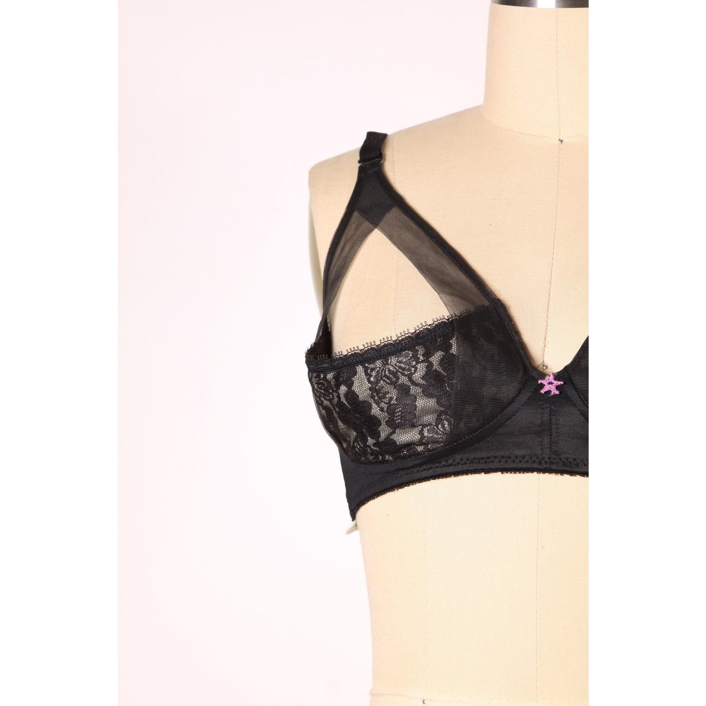 1970s Black Open Cup Sheer Floral Lace Trim Pink Star Detail Shelf Bra by Fredericks of Hollywood-38