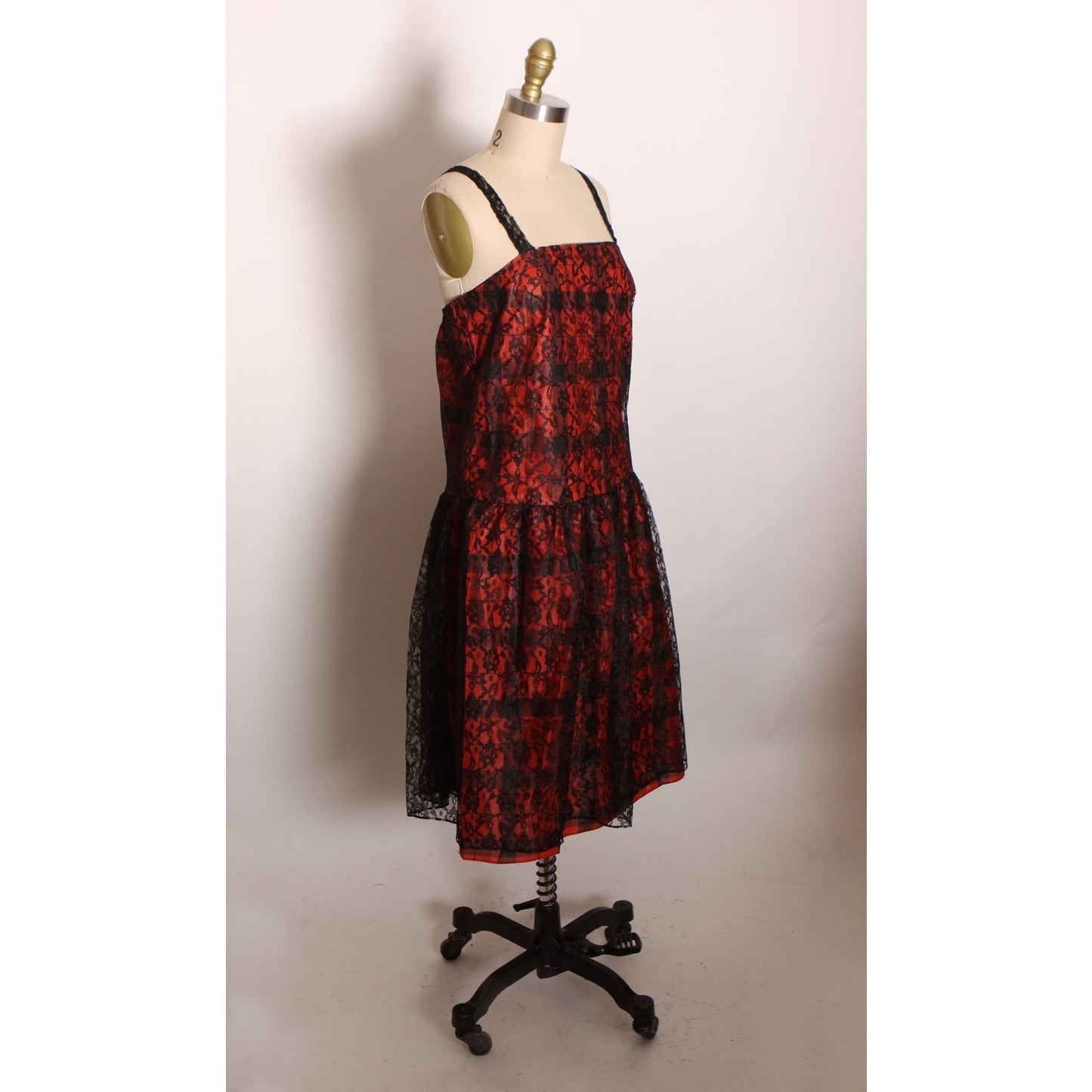 Deadstock 1970s Black and Red Gothic Lace and Plaid Print Lace Strap Sleeveless Dress by Purrr’s -S-M