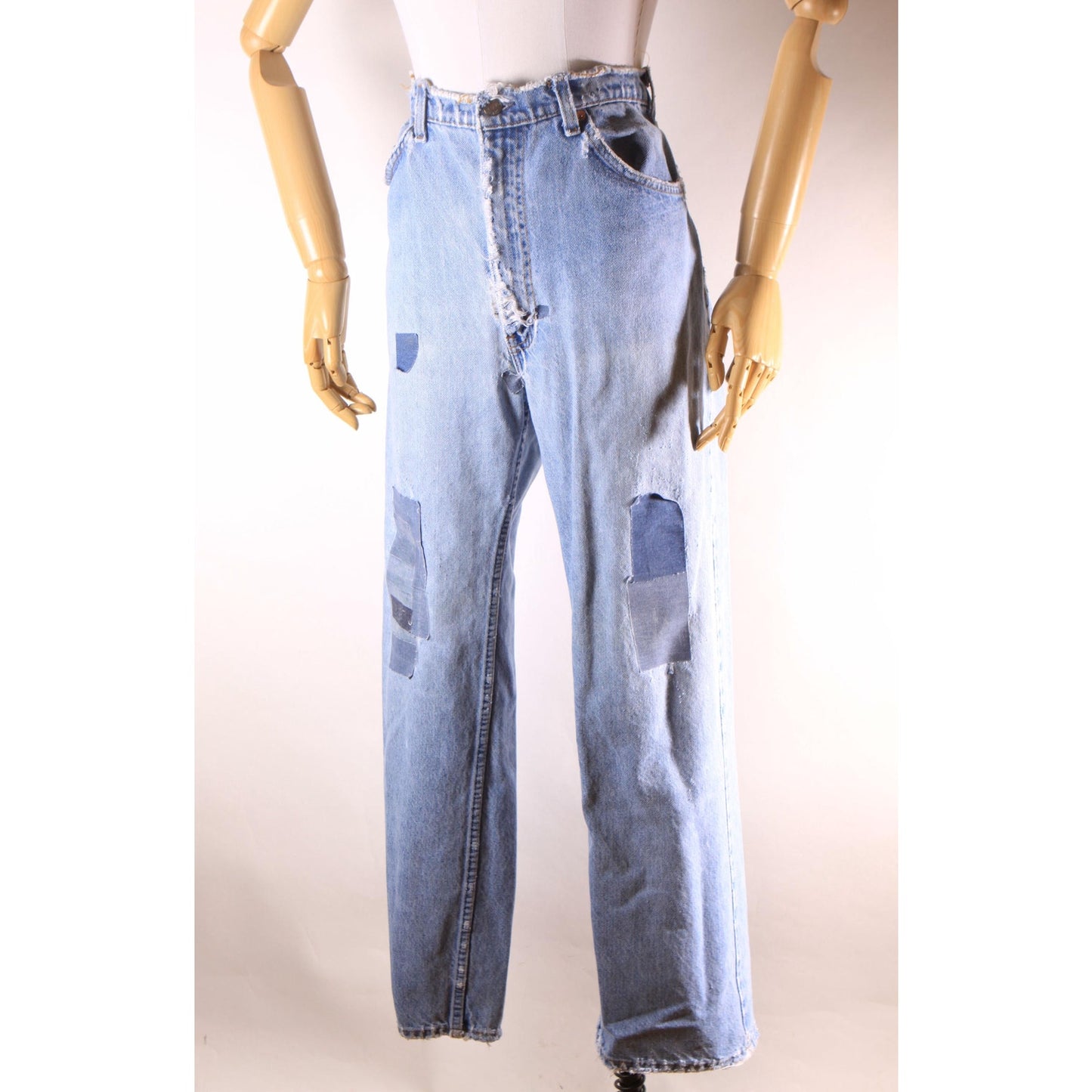 1980s Distressed Patch Fraying Blue Denim Orange Tab 517 Jeans by Levi's -38x30