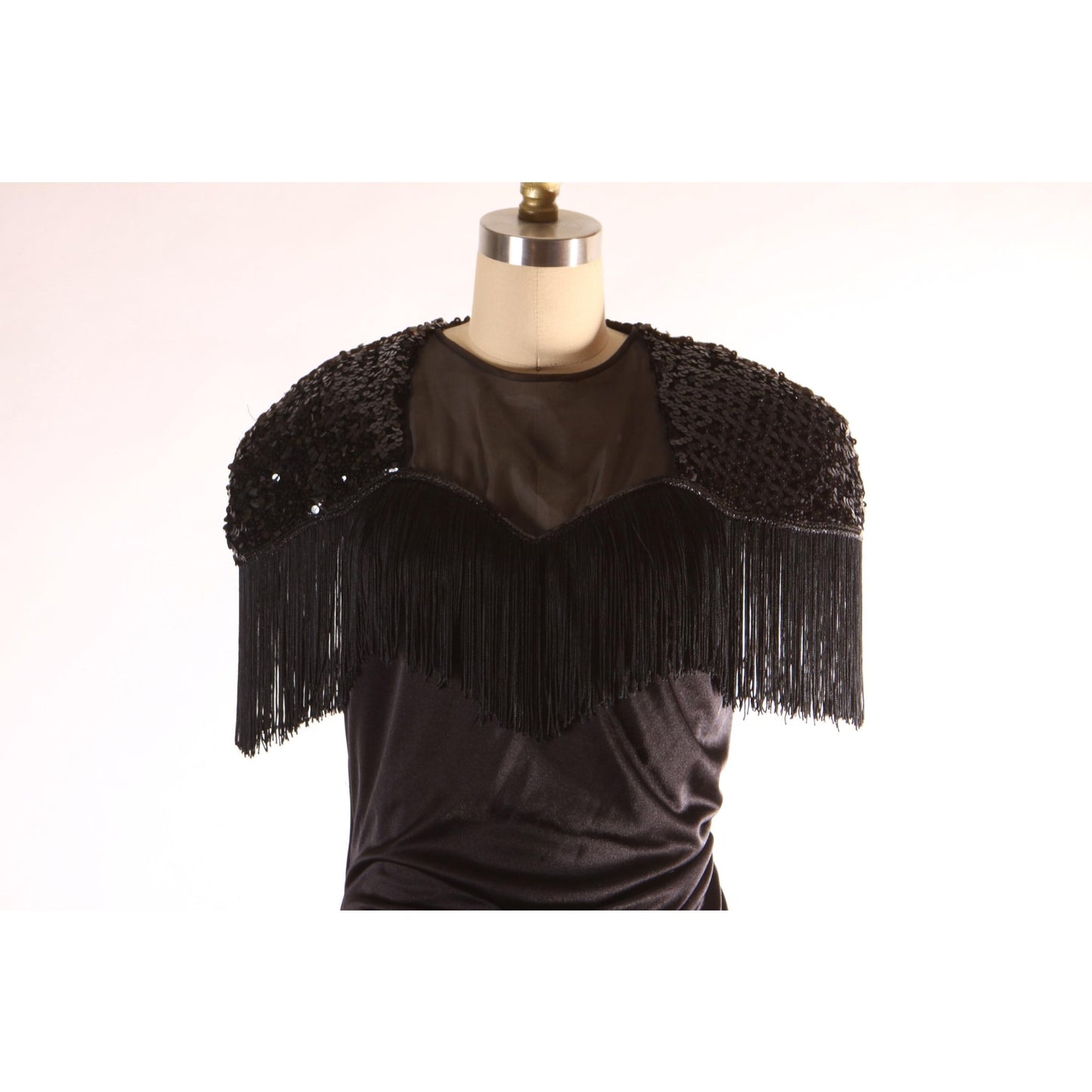 1980s Black Short Sleeve Fringe Keyhole Back Wiggle Dress by Abby Kent -L