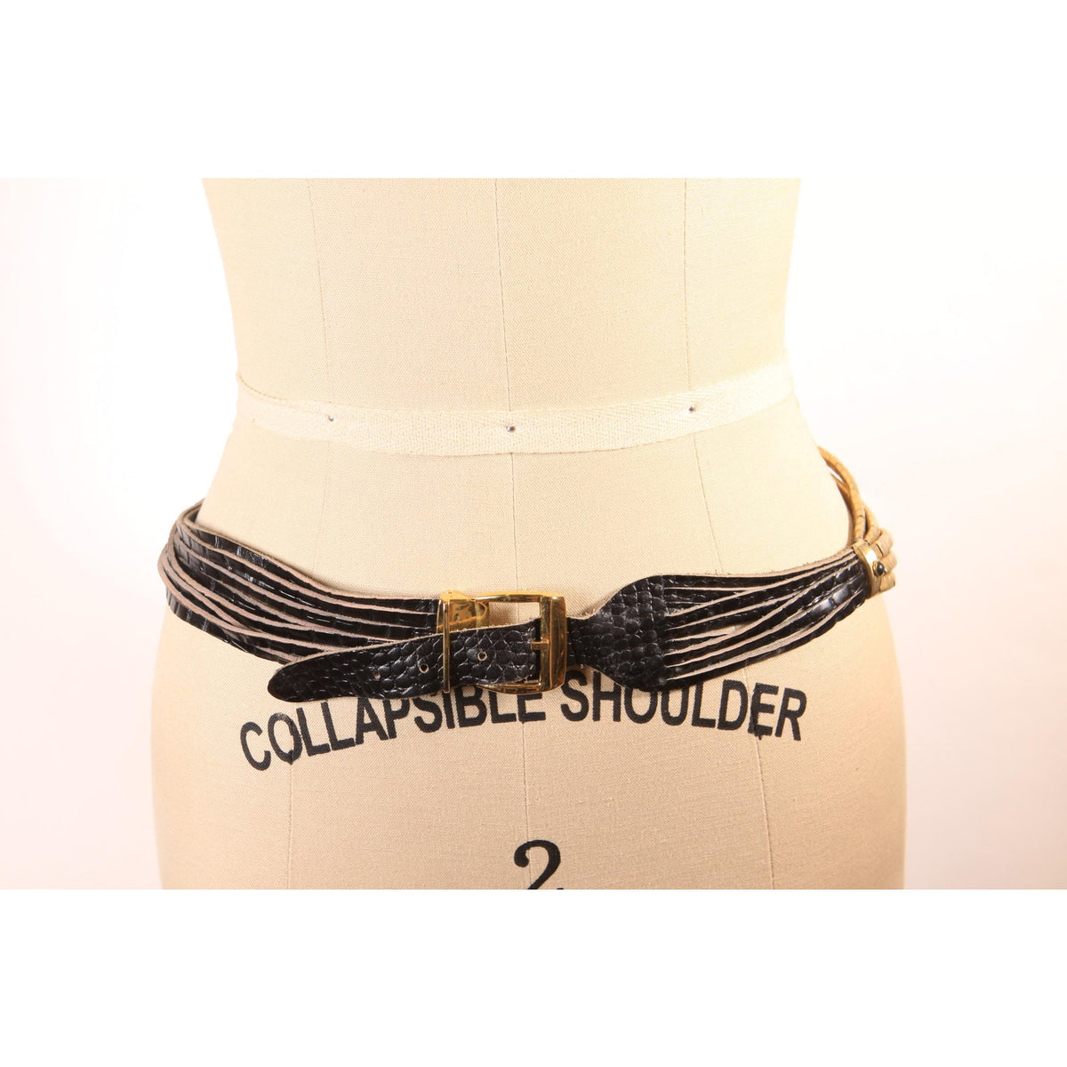 1980s Black Leather and Gold Tone Metal Draped Chain Belt Faux Gemstone Belt