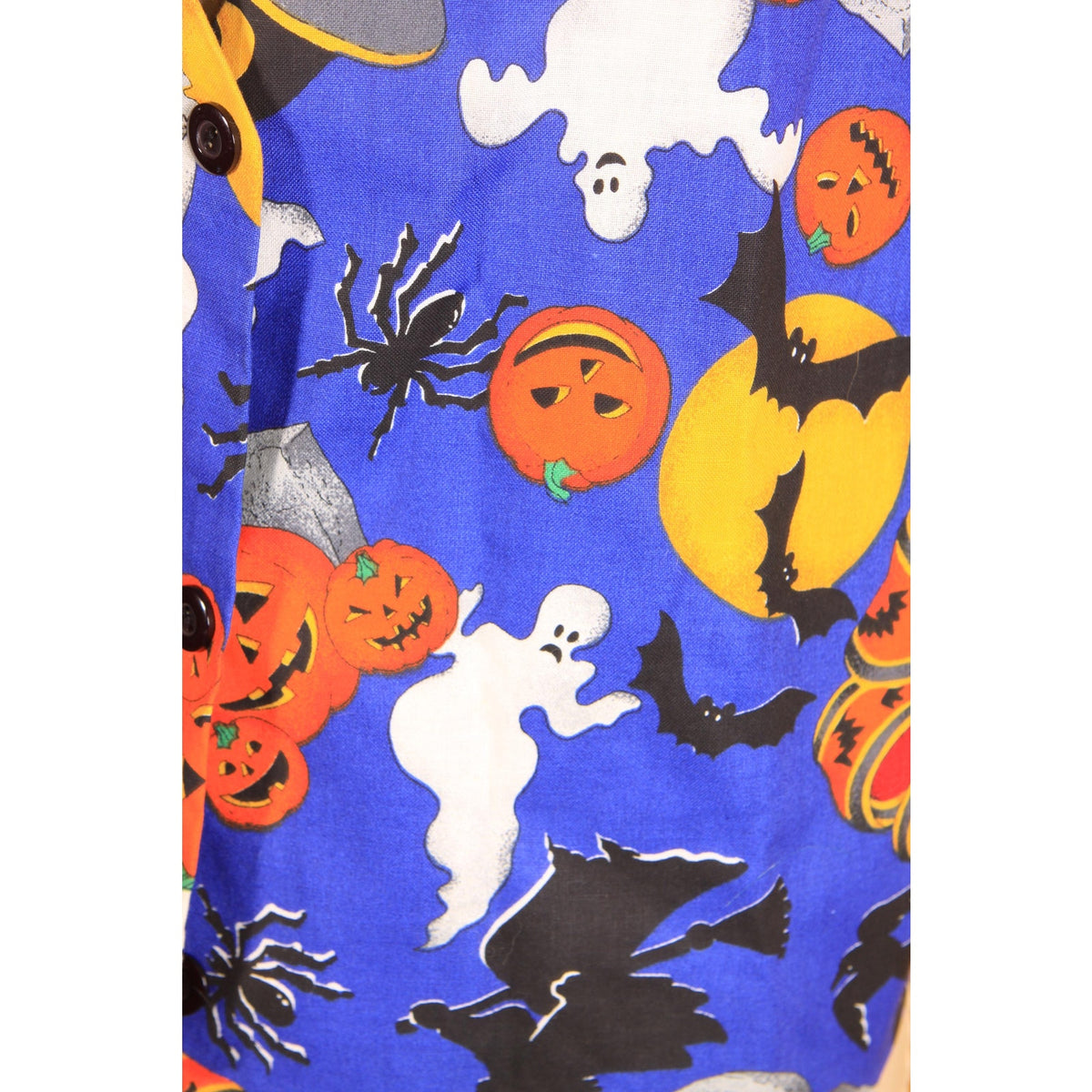 1980s 1990s Blue, Black and Orange Novelty Ghost, Jack-o-Lanterns and Bats Halloween Vest by Ceci -S-M