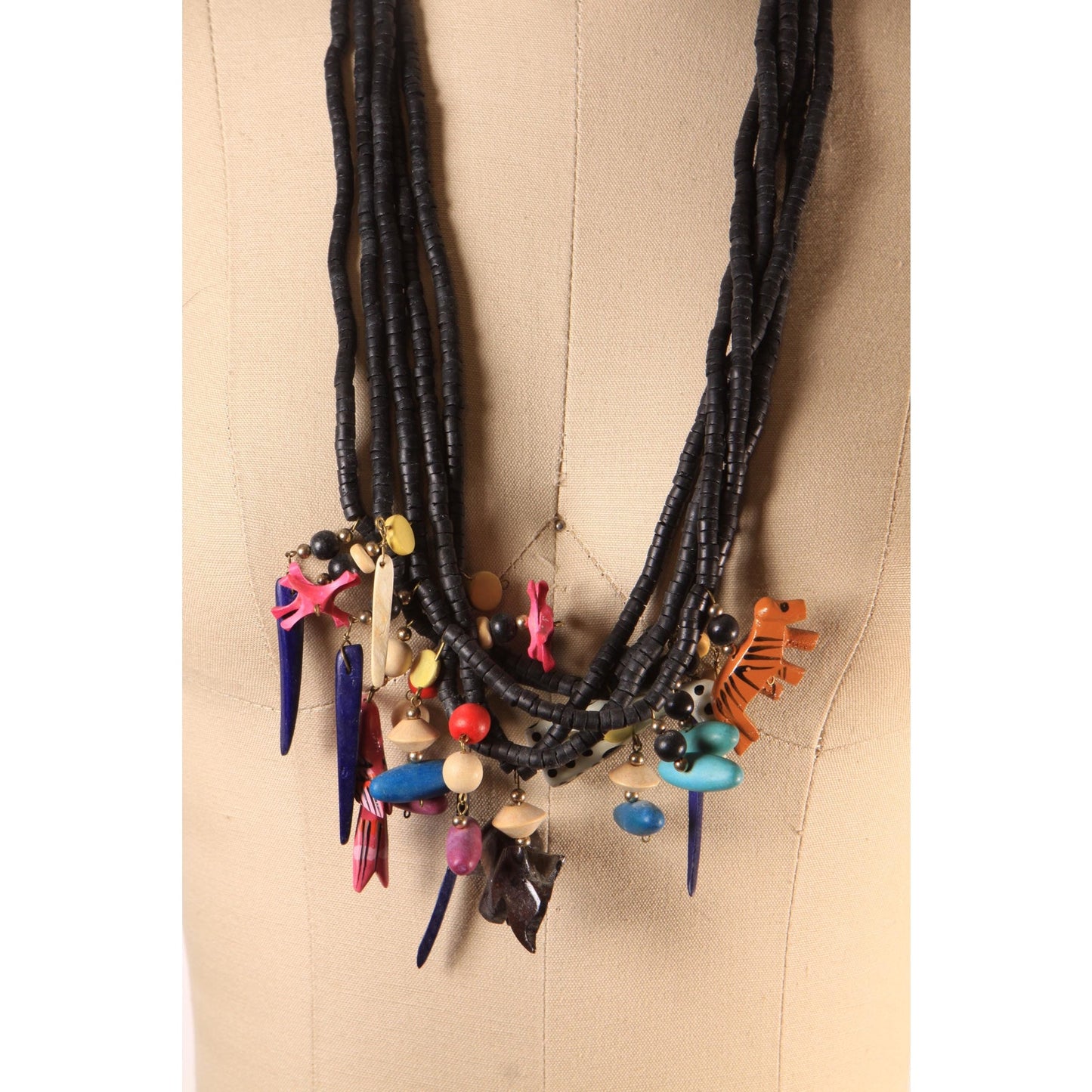 1980s Black and Multi-Colored Abstract Wood Beaded Novelty Animal Multi-Strand Necklace