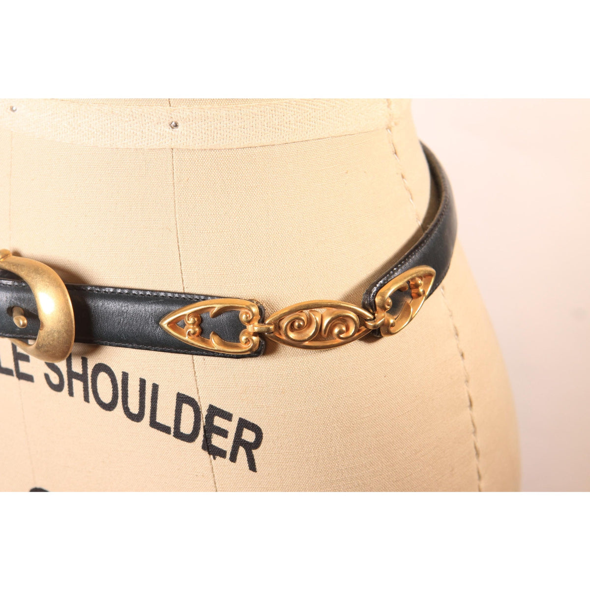 1980s 1990s Navy Blue and Gold Leather and Metal Filigree Belt by Brighton