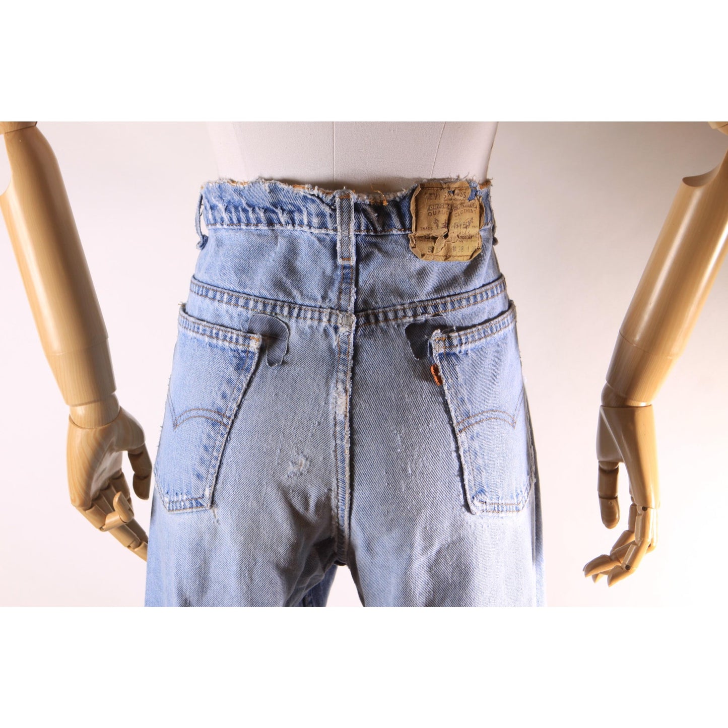 1980s Distressed Patch Fraying Blue Denim Orange Tab 517 Jeans by Levi's -38x30