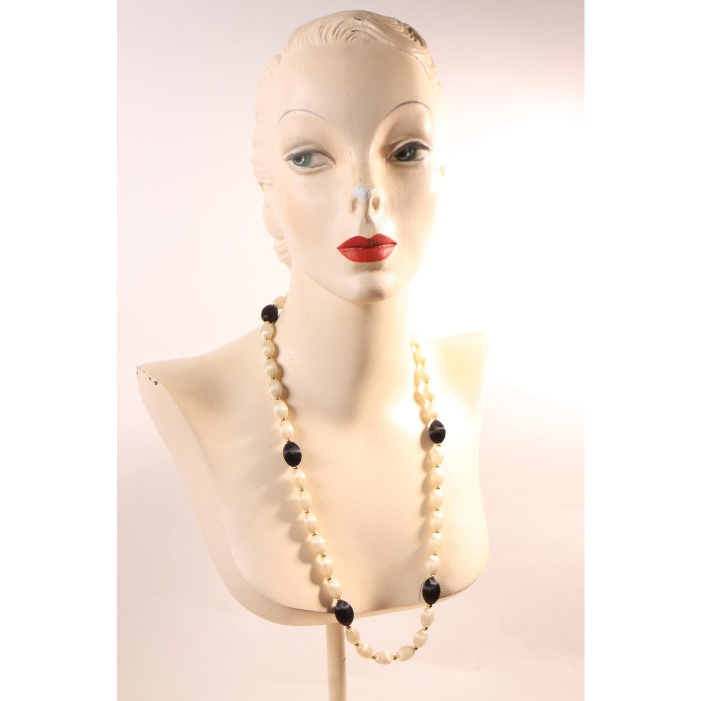 1960s White, Black and Gold Tone Metal Satin Circle Beaded Necklace