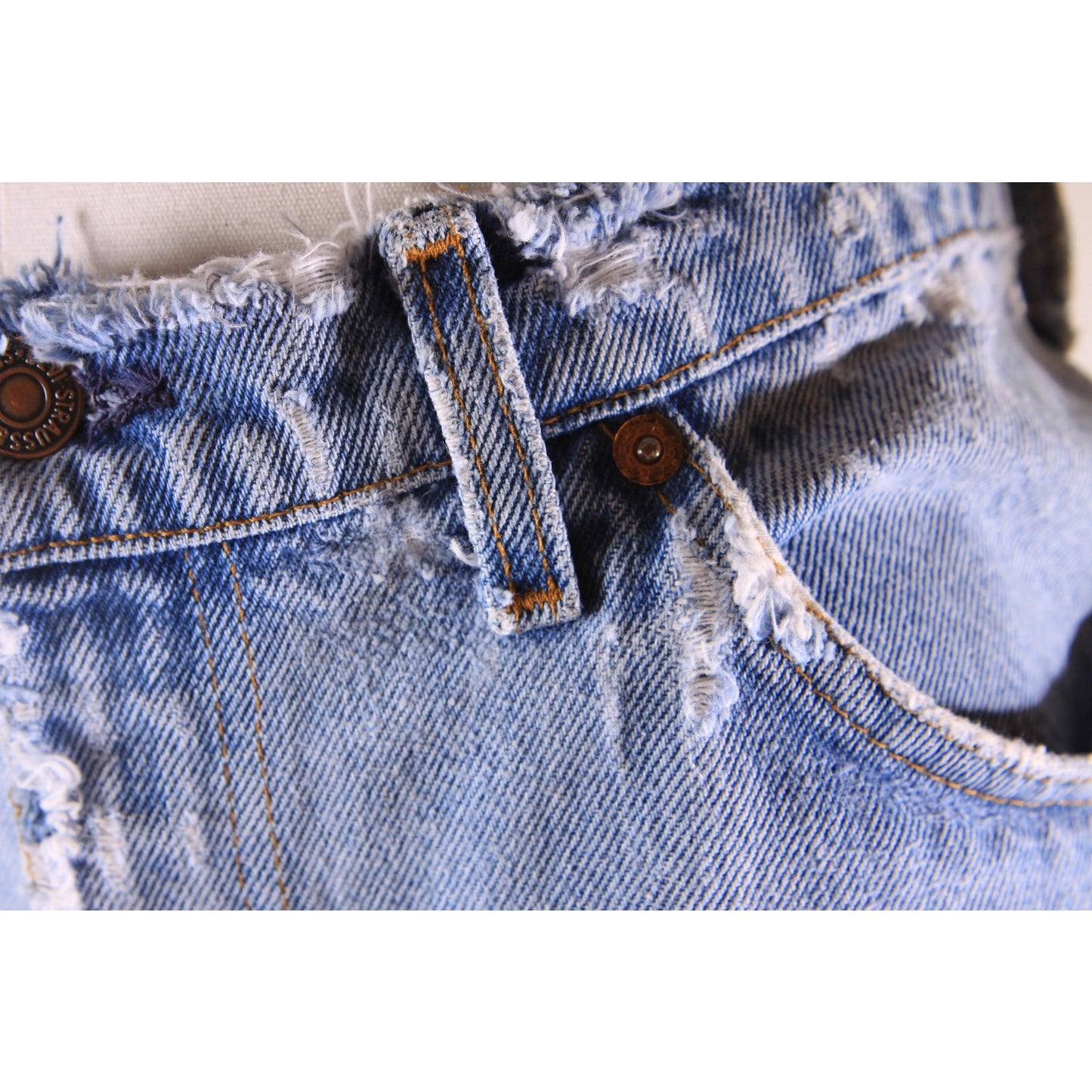 1980s Distressed Patch Fraying Blue Denim Orange Tab 517 Jeans by Levi's -38x29