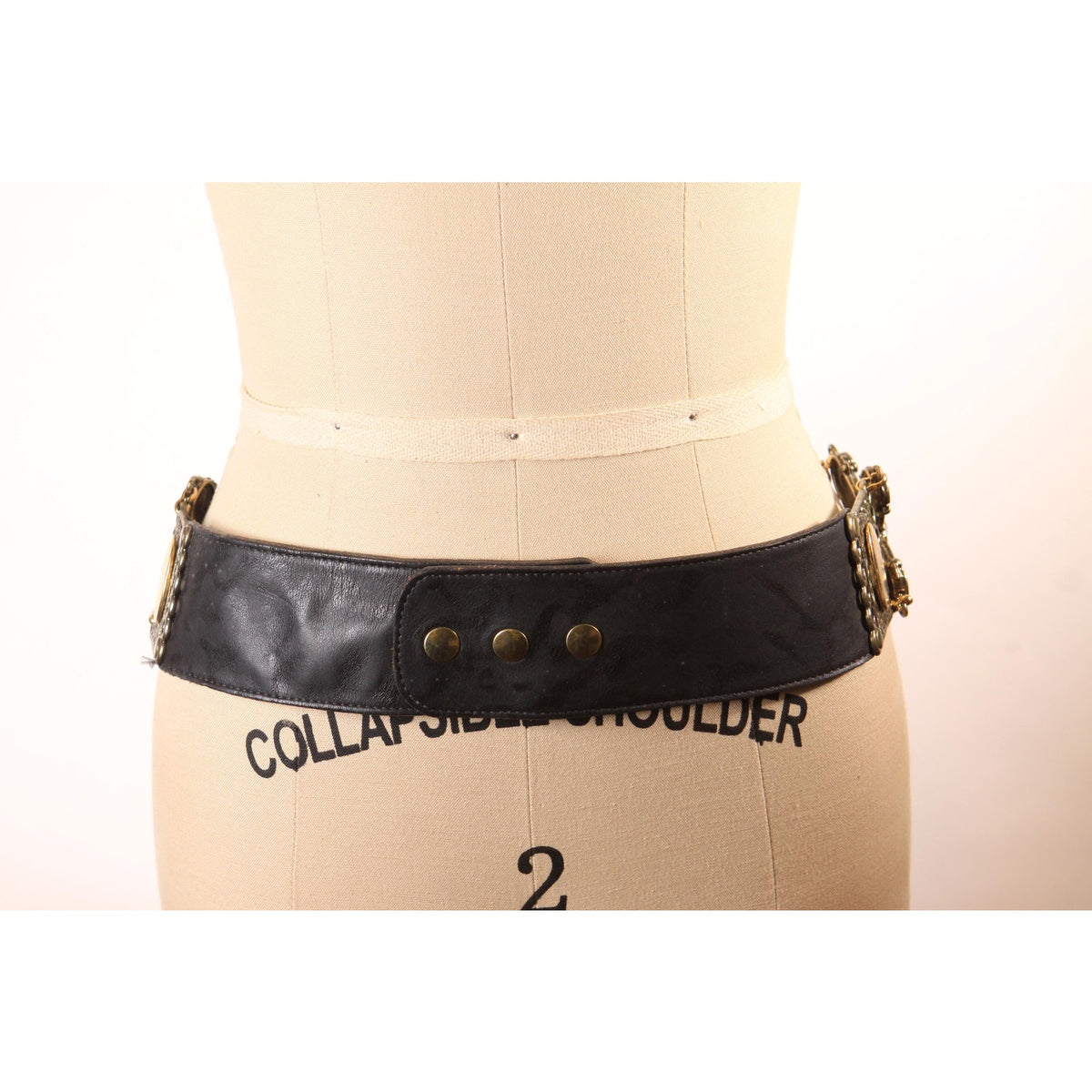 1980s Black Leather and Gold Brass Tone Metal Chain Draped Belt by Leatherock -M
