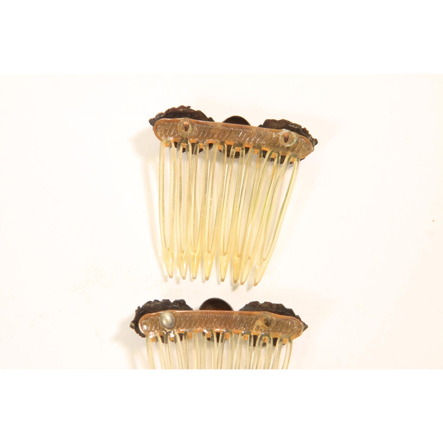1920s 1930s Silver Leaf Metal and Plastic Set of 2 Hair Combs