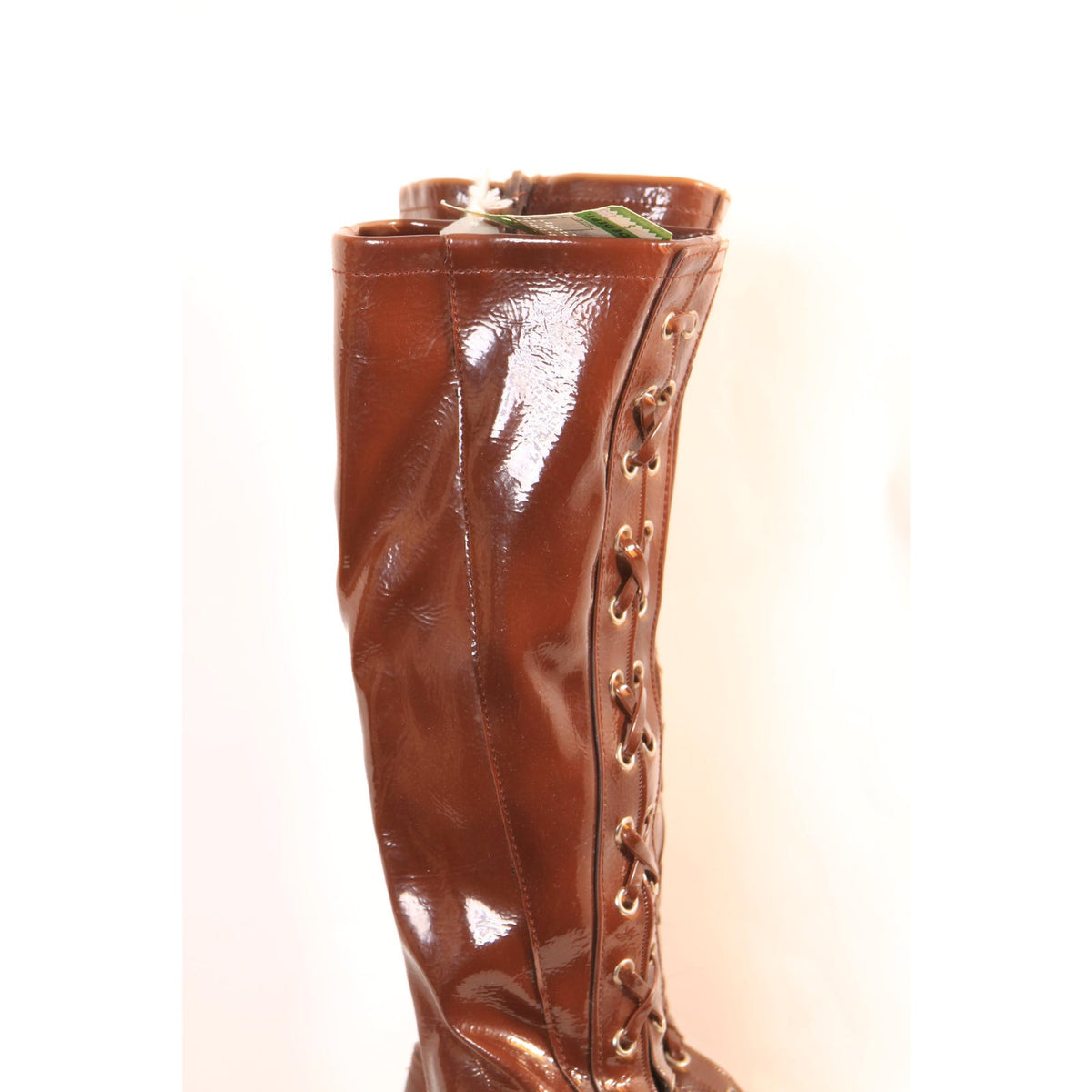 Deadstock 1960s Brown Vinyl Criss Cross Lace Up Zippered Go Go Boots -Made in Japan -Size 5 and Size 6