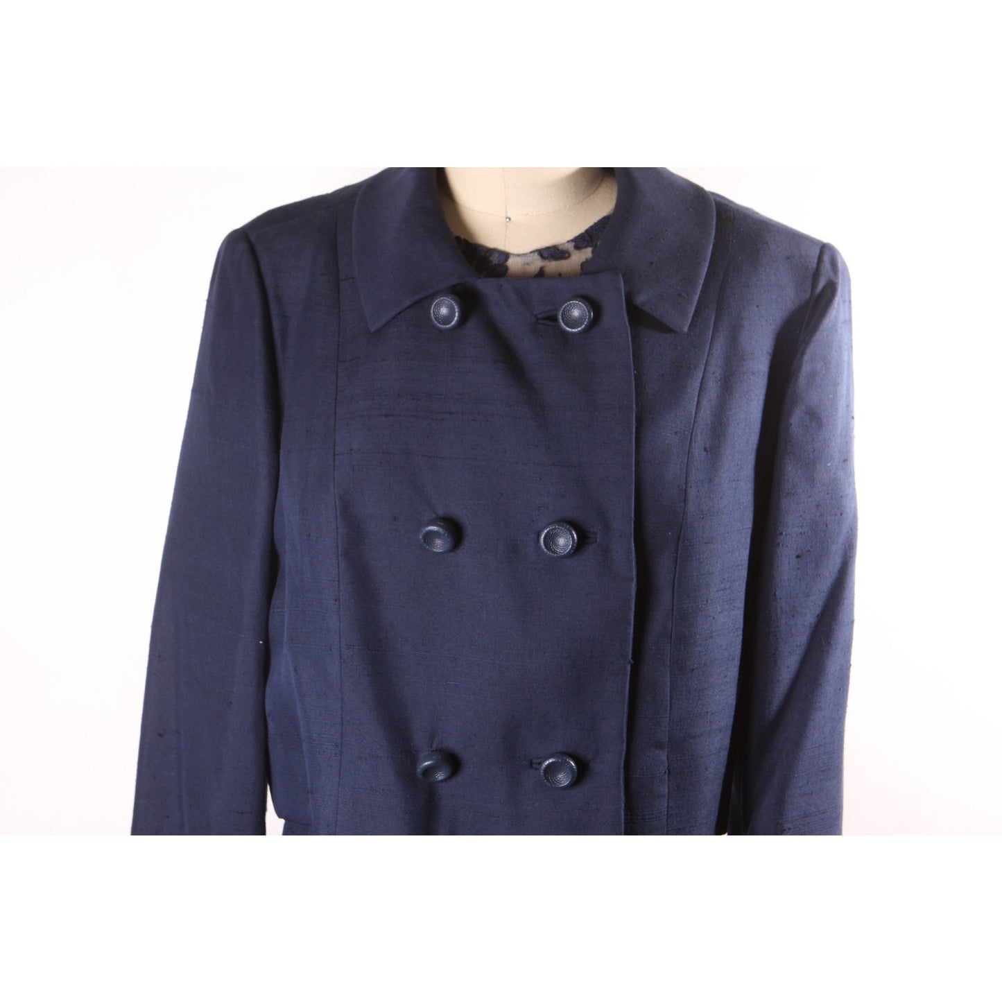1960s Navy Blue Short Sleeve Sheer Lace Overlay Shift Dress with Matching Long Sleeve Jacket Two Piece Outfit Dress Suit -M-L