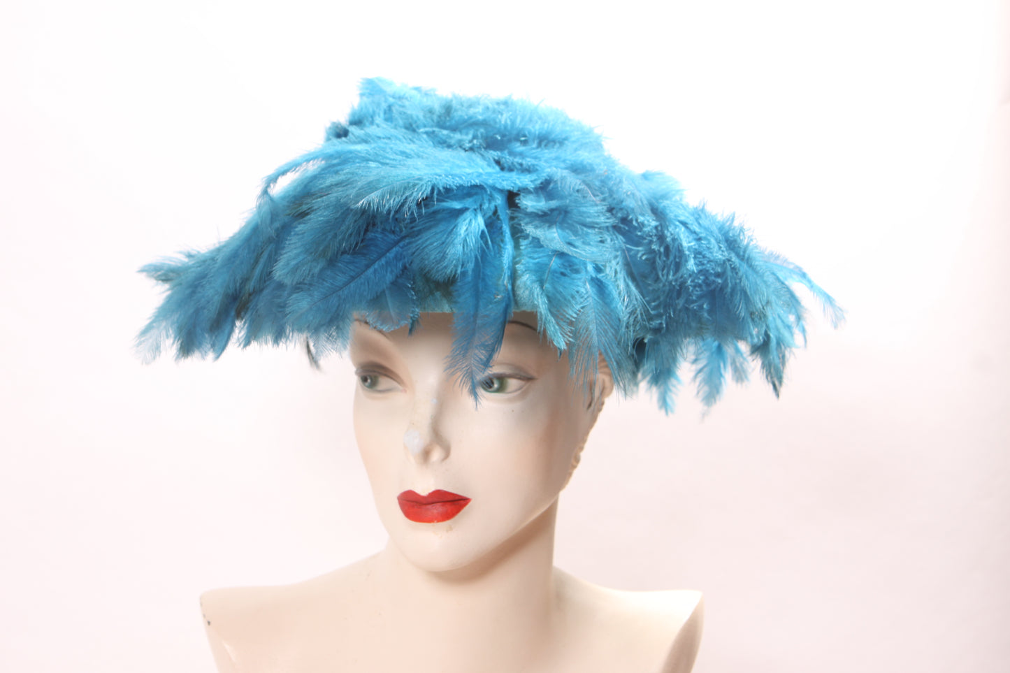 1960s Turquoise Blue Feather Saucer Mod Wide Brim Hat by Marche