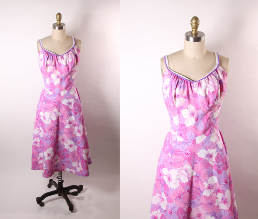 Late 1960s Purple and Pink Floral Hibiscus Hawaiian Strap Ruched Bodice Fit and Flare Swimsuit Swimming Dress by DeWeese Designs -L-XL