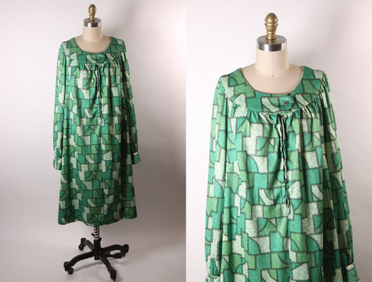 1970s Green Novelty Print Patchwork Long Sleeve Dress -4XL