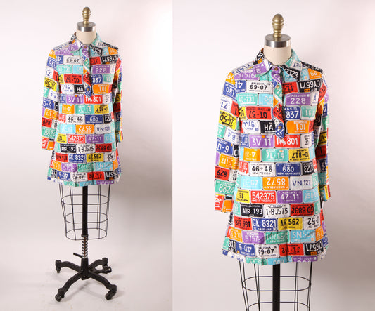 Early 1970s Novelty Print Multi-Colored Route 66 Vintage Car License Plates Blouse Tunic Mini Dress by Ruth of California -S