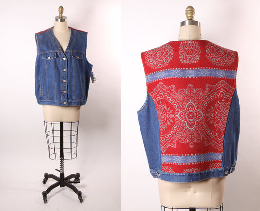 1990s Blue Denim and Red Wool Button Down Vest by Pendleton -XL