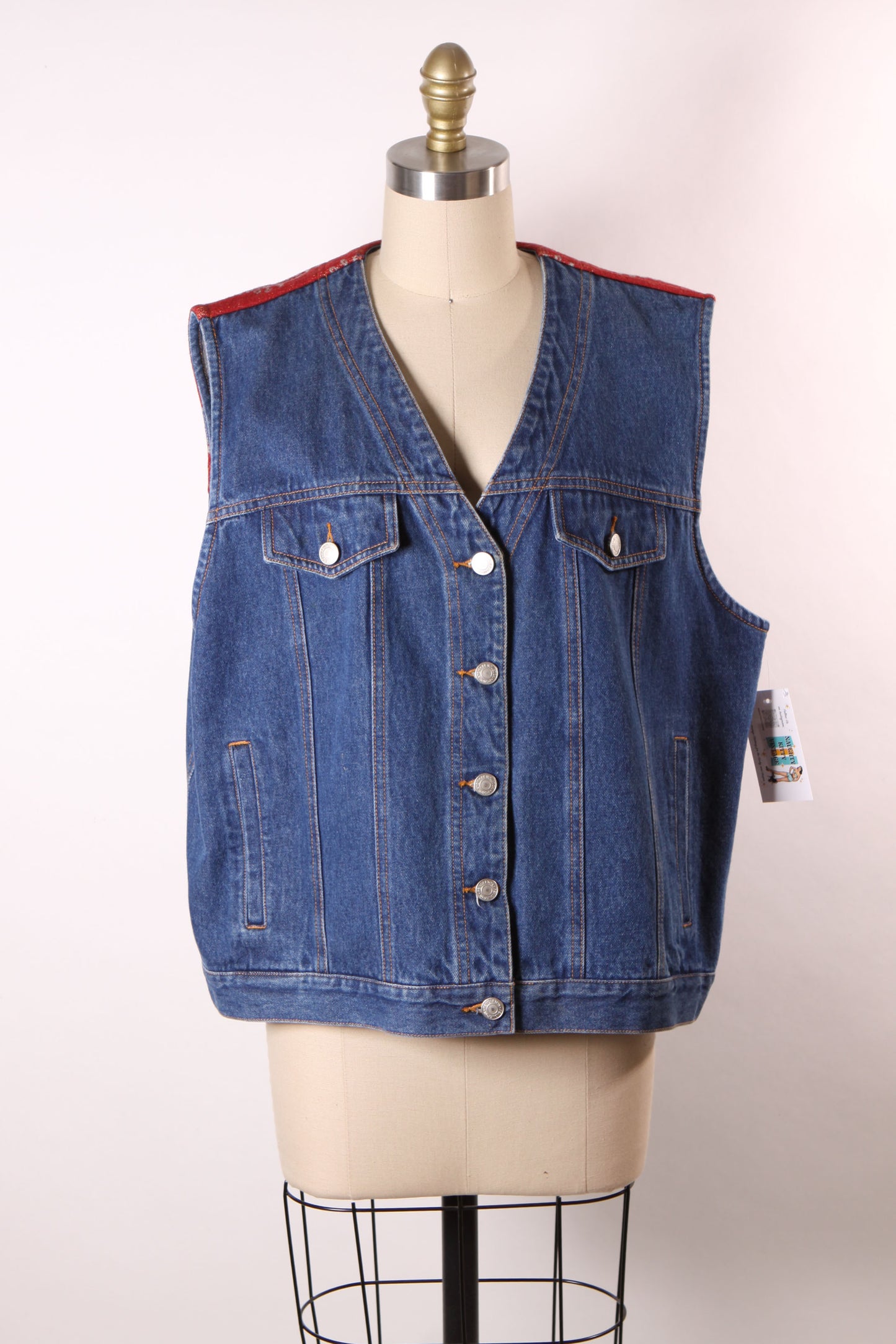 1990s Blue Denim and Red Wool Button Down Vest by Pendleton -XL