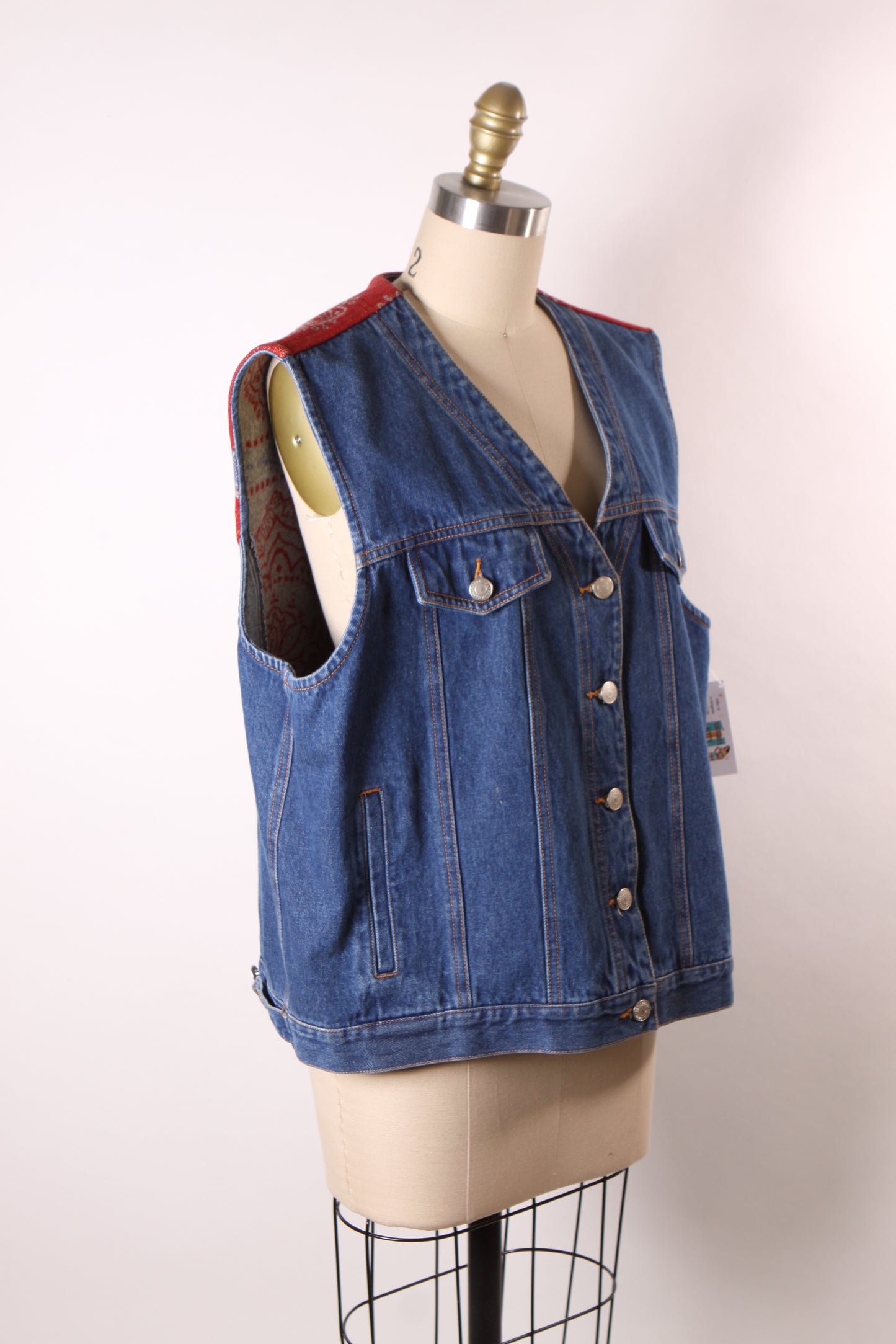 1990s Blue Denim and Red Wool Button Down Vest by Pendleton -XL