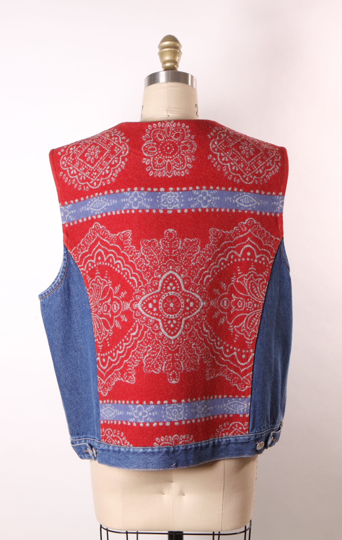 1990s Blue Denim and Red Wool Button Down Vest by Pendleton -XL