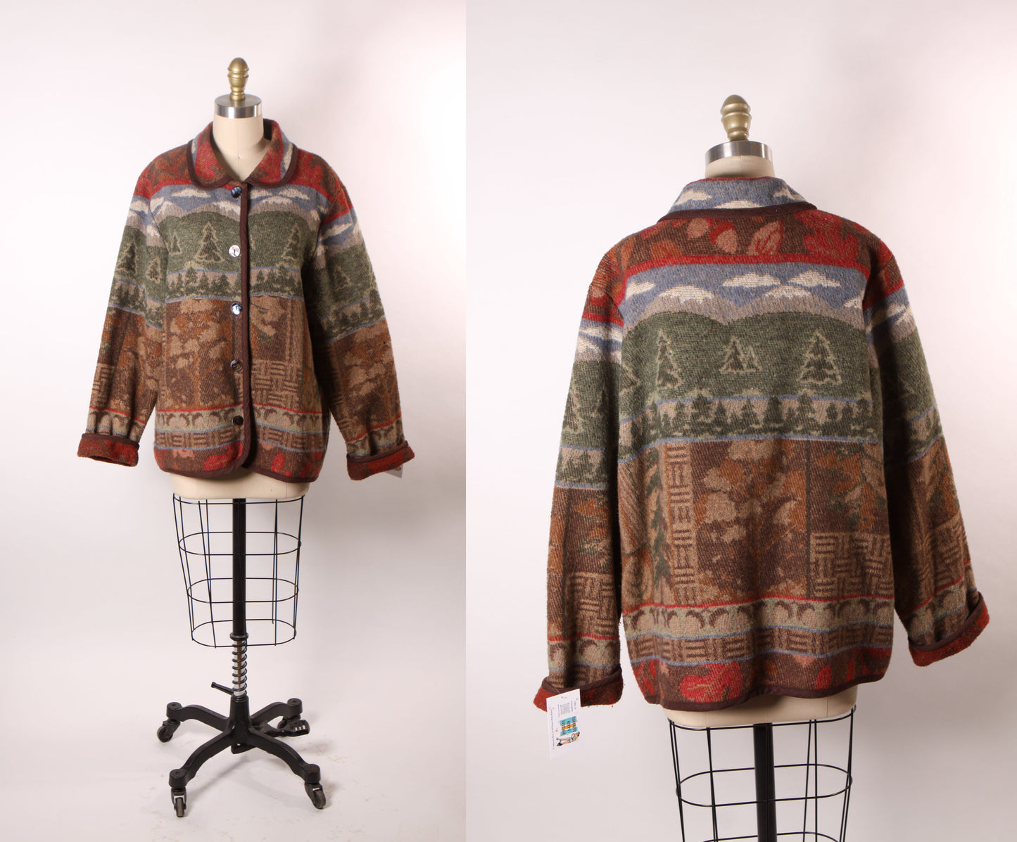 1980s 1990s Red, Brown and Green Novelty Outdoor Scenic Fall Trees Button Down Jacket by Gina Peters -L