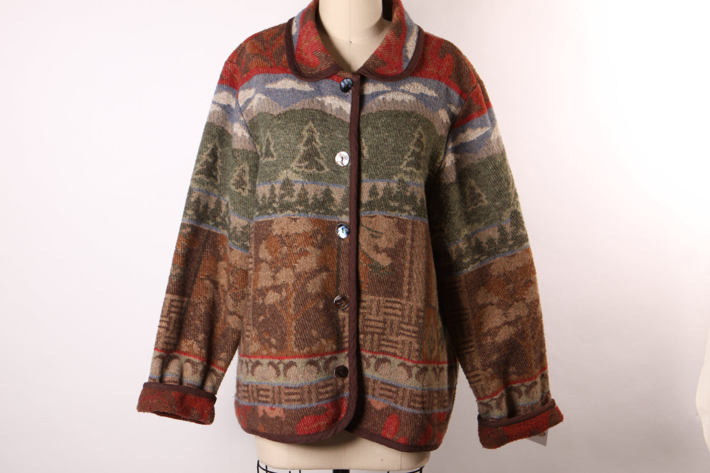 1980s 1990s Red, Brown and Green Novelty Outdoor Scenic Fall Trees Button Down Jacket by Gina Peters -L