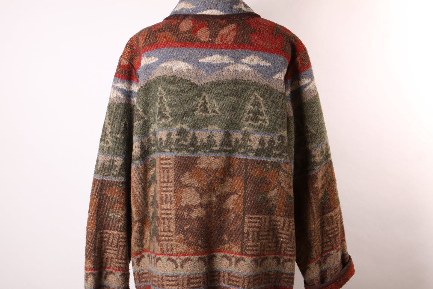 1980s 1990s Red, Brown and Green Novelty Outdoor Scenic Fall Trees Button Down Jacket by Gina Peters -L