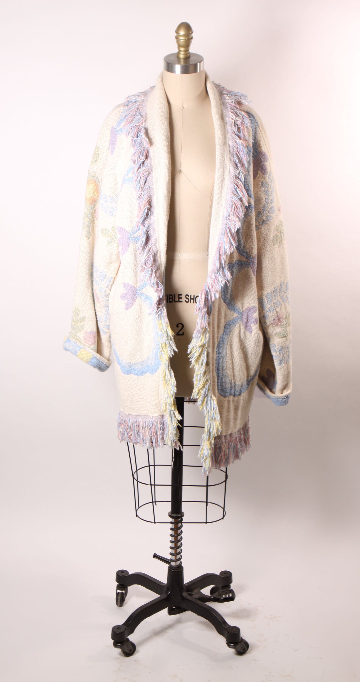 1980s Blue, Pink and White Fringe Quilt Tapestry Blanket Reversible Coat -One Size Fits Most