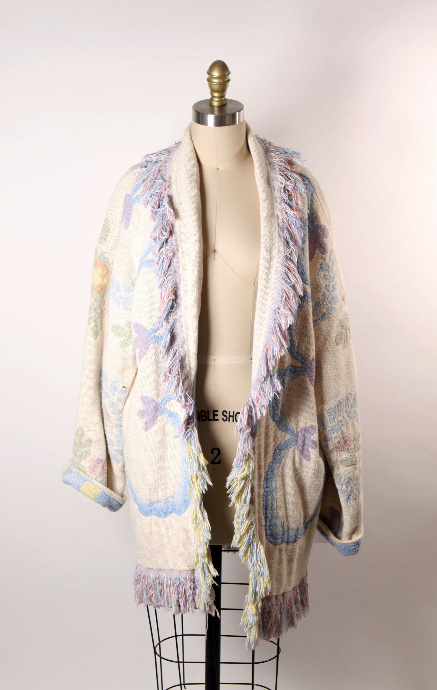 1980s Blue, Pink and White Fringe Quilt Tapestry Blanket Reversible Coat -One Size Fits Most