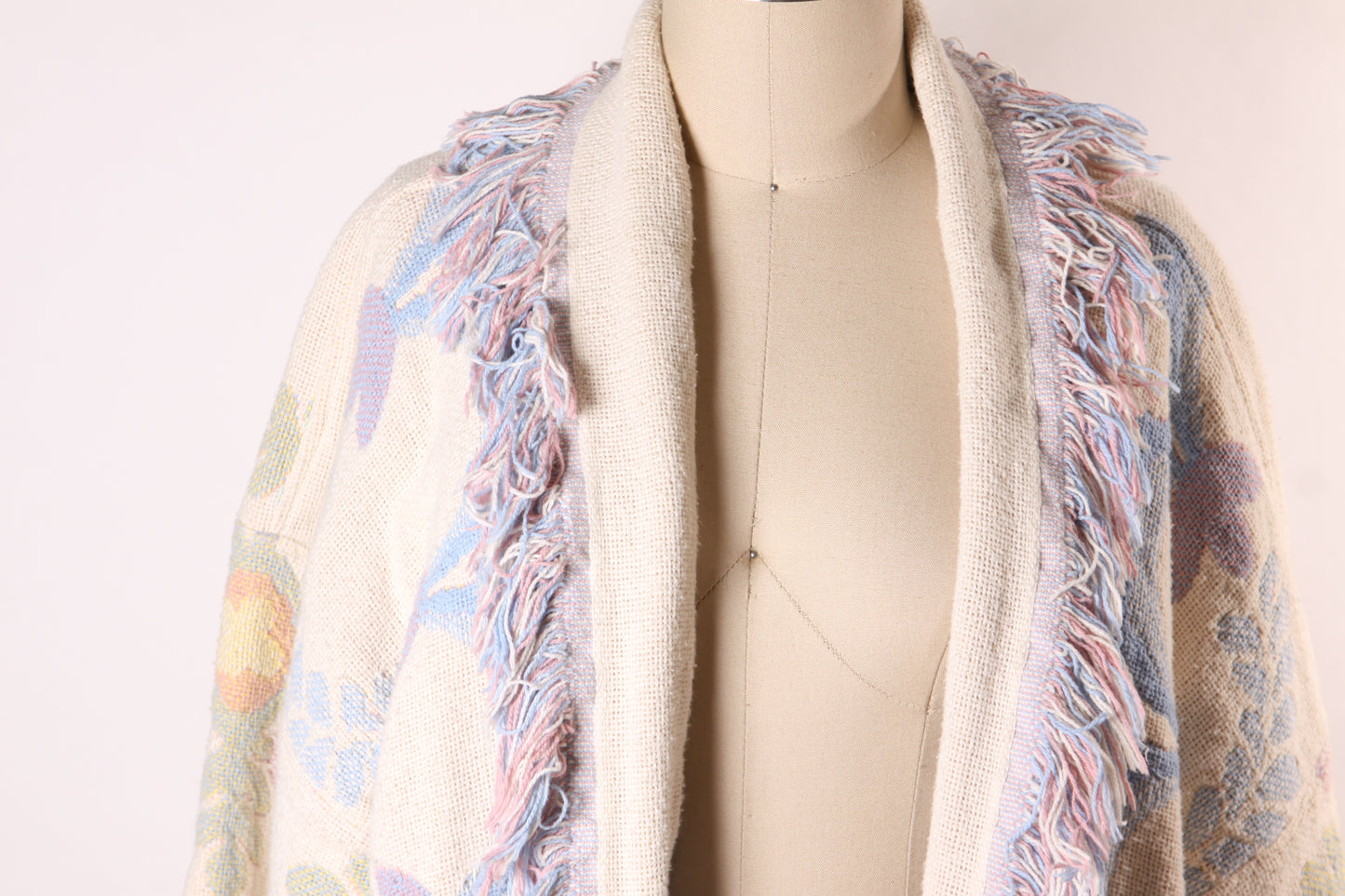 1980s Blue, Pink and White Fringe Quilt Tapestry Blanket Reversible Coat -One Size Fits Most