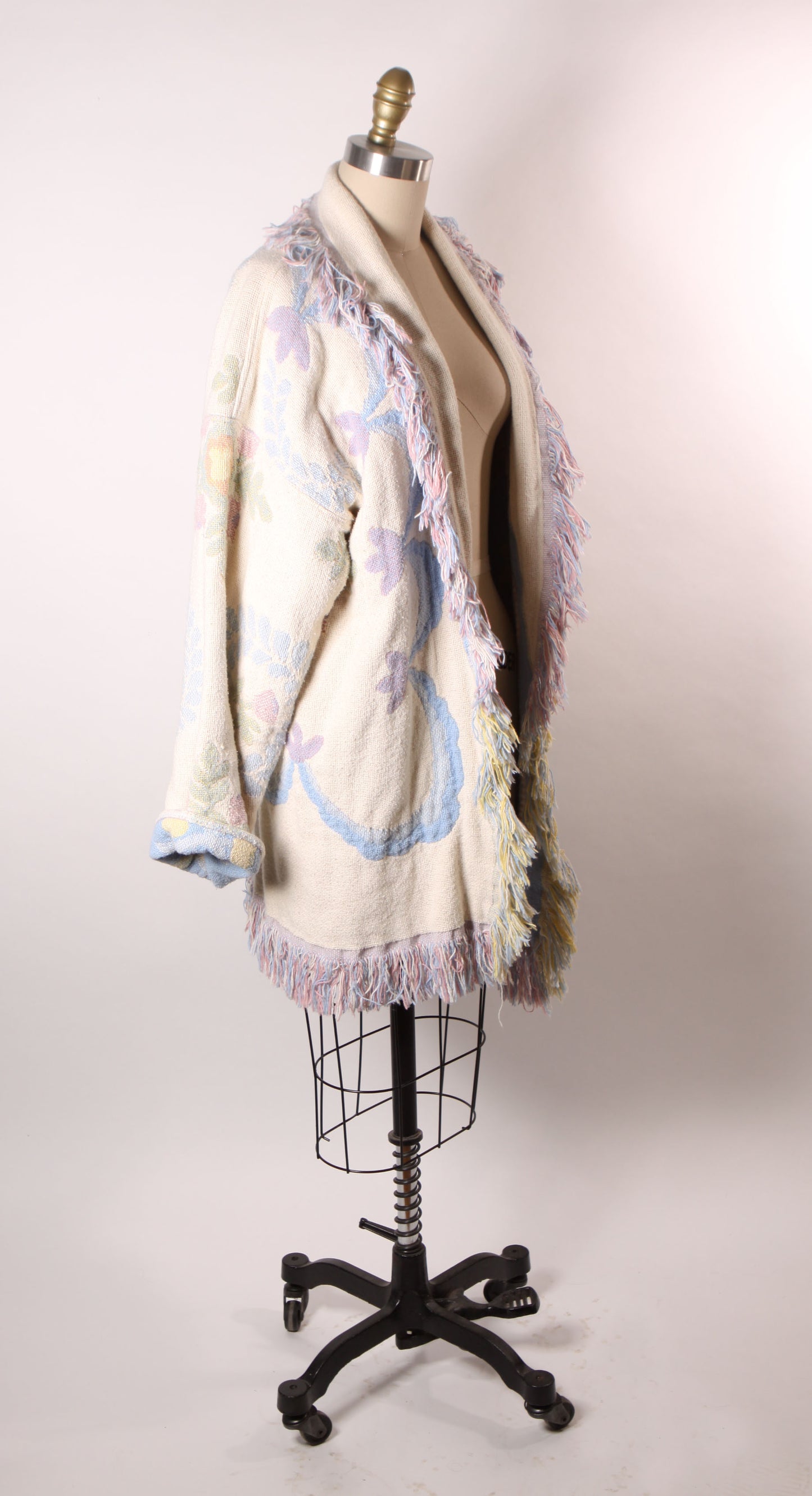 1980s Blue, Pink and White Fringe Quilt Tapestry Blanket Reversible Coat -One Size Fits Most