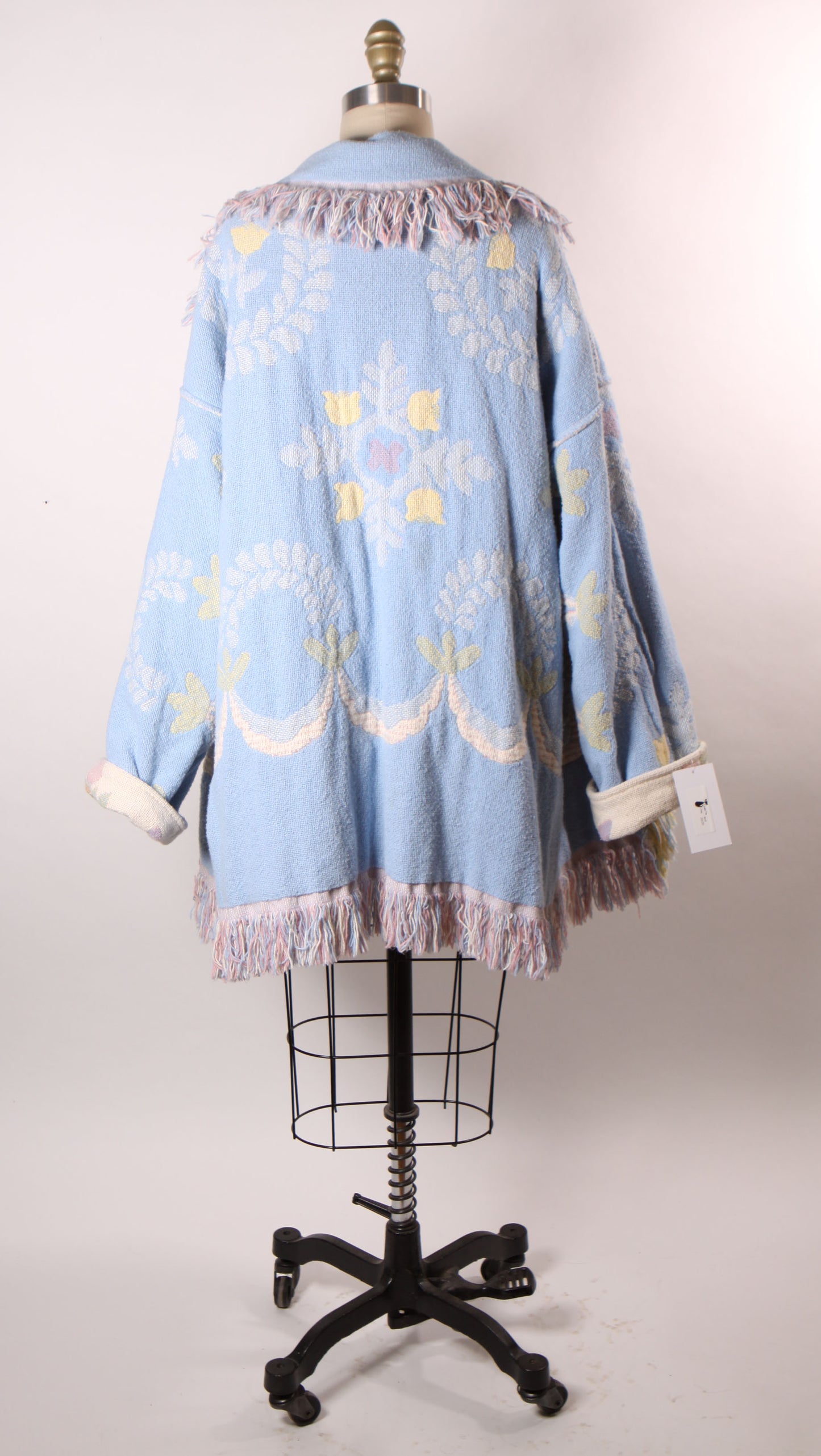 1980s Blue, Pink and White Fringe Quilt Tapestry Blanket Reversible Coat -One Size Fits Most