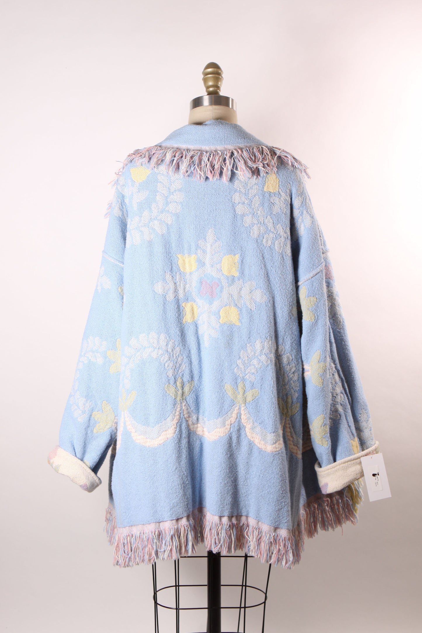1980s Blue, Pink and White Fringe Quilt Tapestry Blanket Reversible Coat -One Size Fits Most