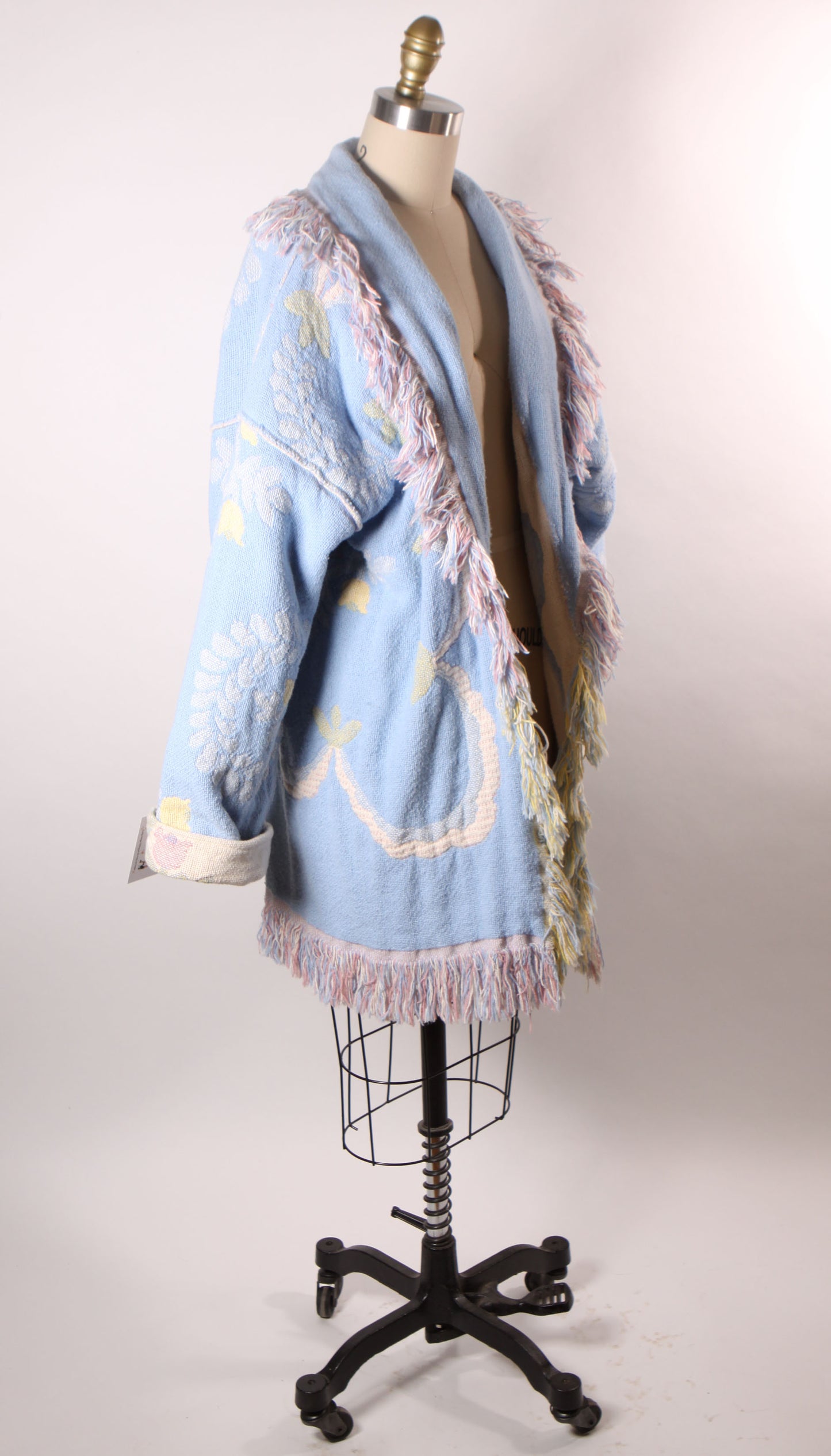 1980s Blue, Pink and White Fringe Quilt Tapestry Blanket Reversible Coat -One Size Fits Most