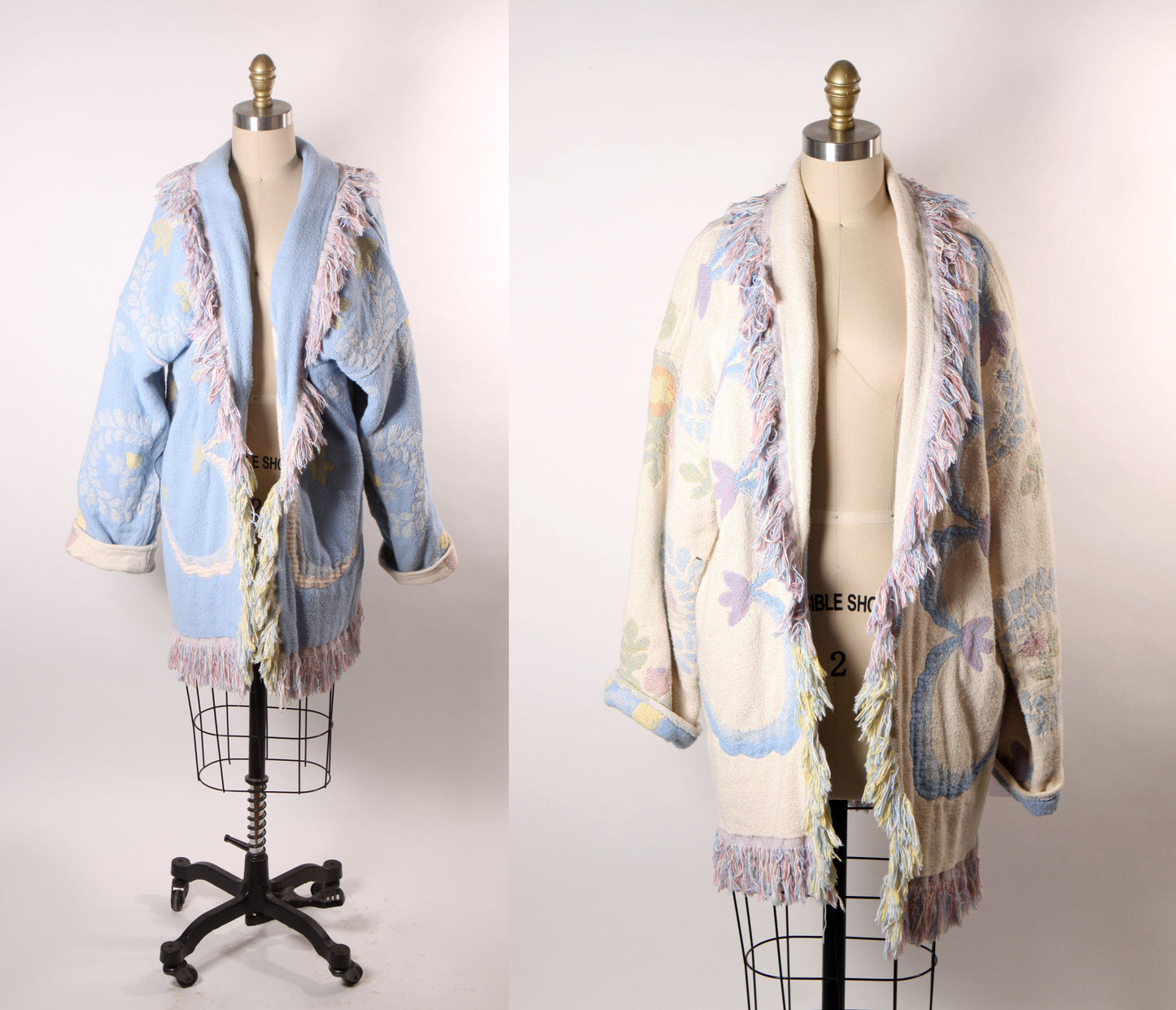 1980s Blue, Pink and White Fringe Quilt Tapestry Blanket Reversible Coat -One Size Fits Most