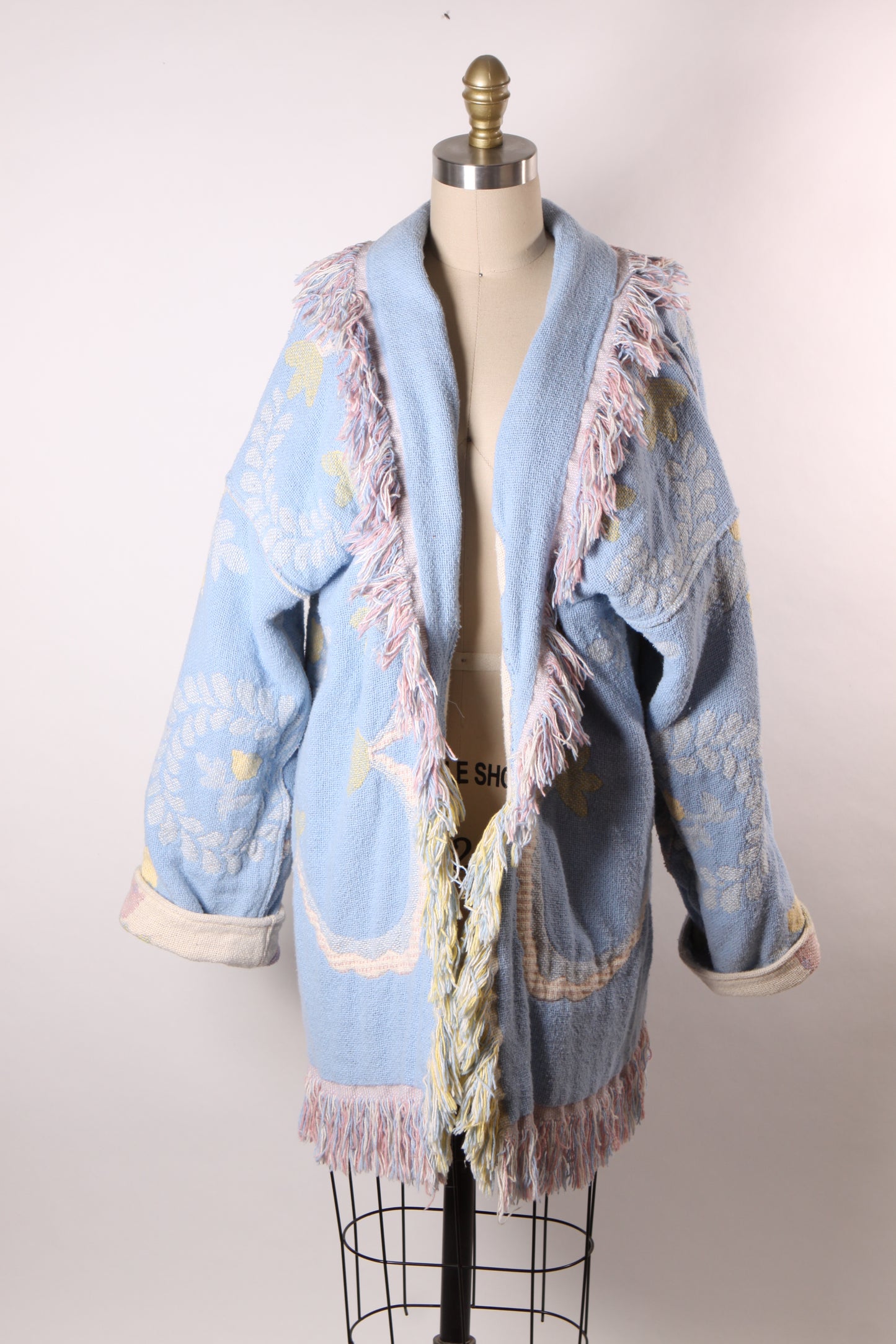 1980s Blue, Pink and White Fringe Quilt Tapestry Blanket Reversible Coat -One Size Fits Most