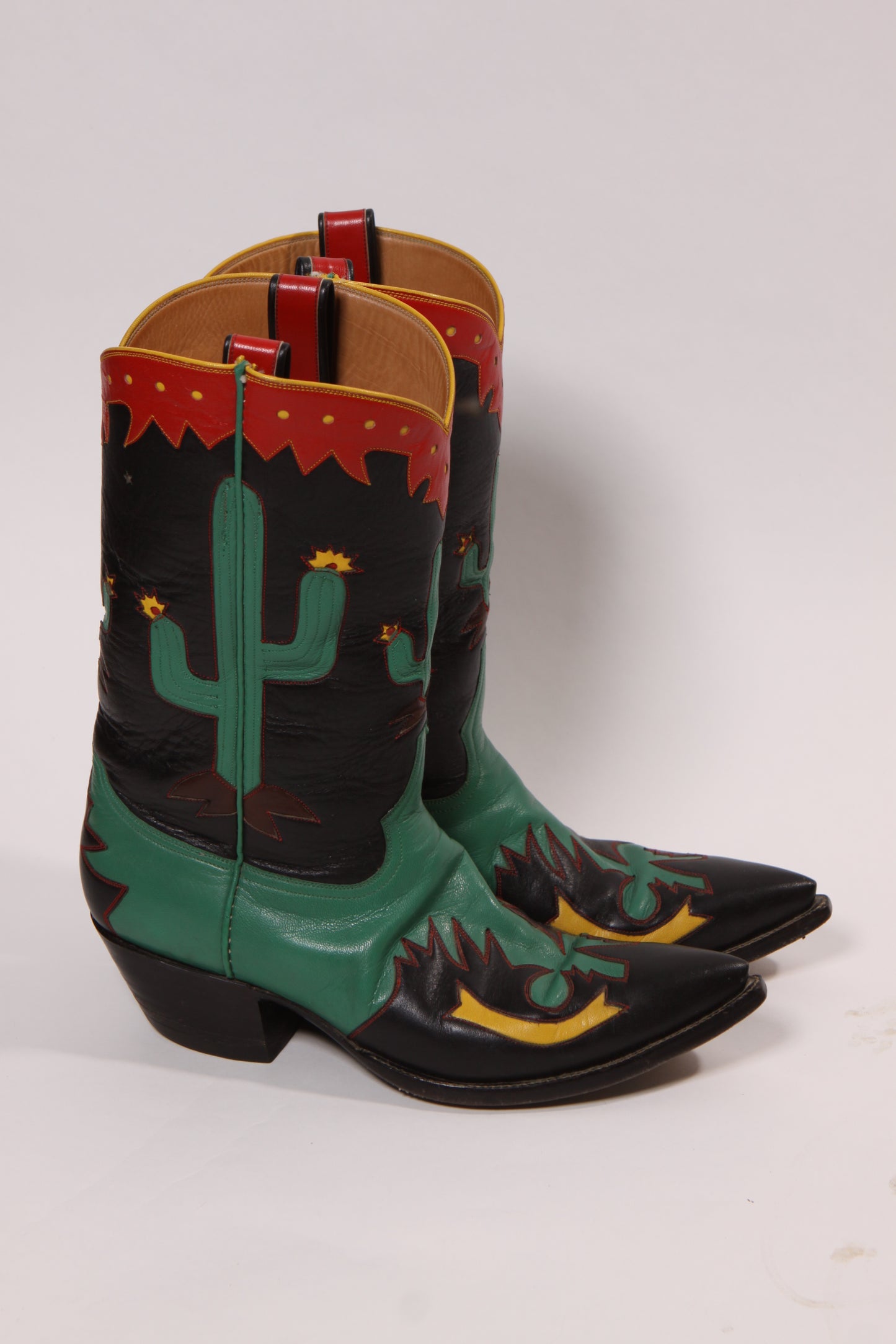 1990s Black, Green, Red and Yellow Novelty Cactus Handmade Custom Western Cowboy Boots -Size 9