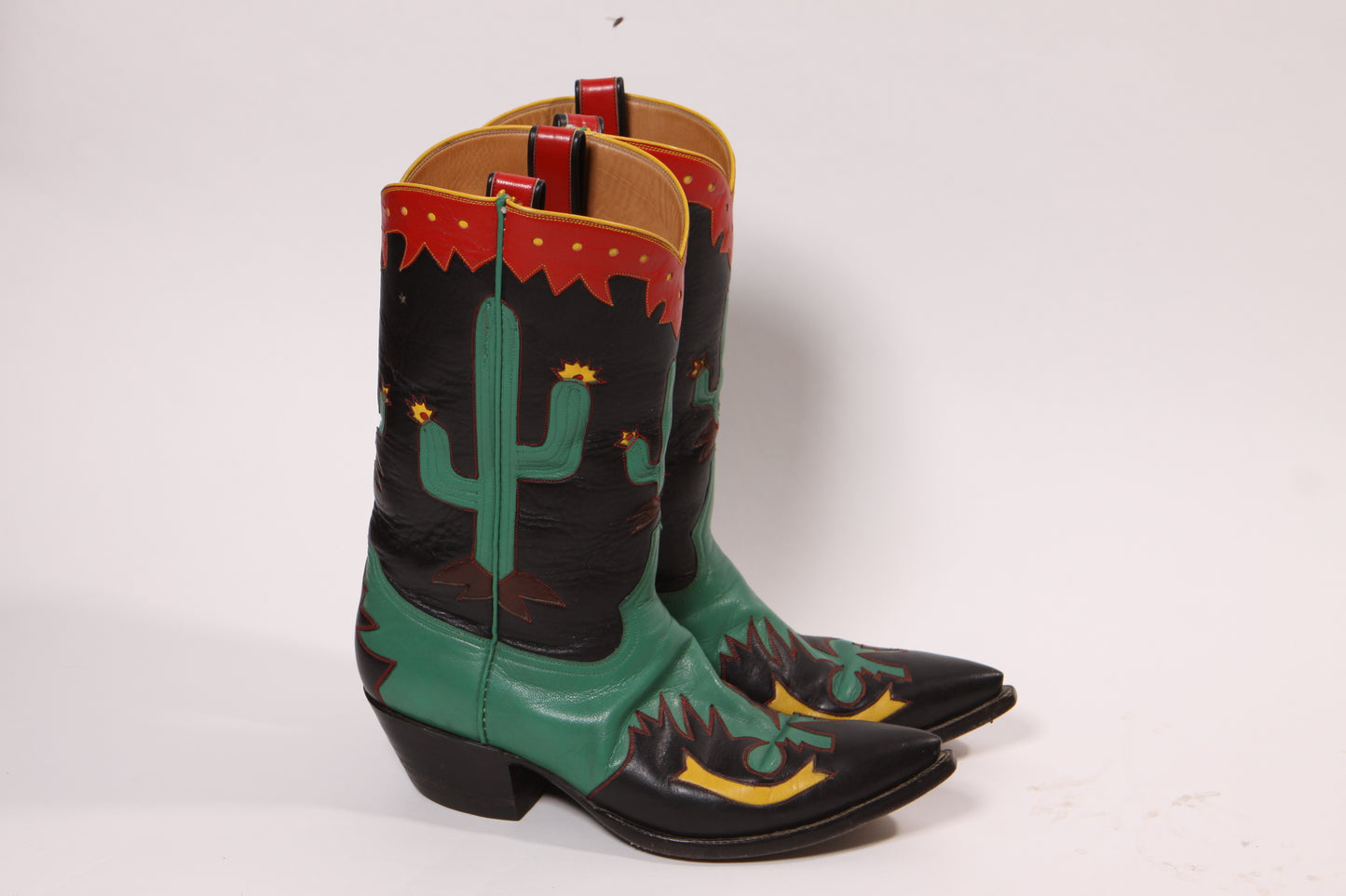 1990s Black, Green, Red and Yellow Novelty Cactus Handmade Custom Western Cowboy Boots -Size 9