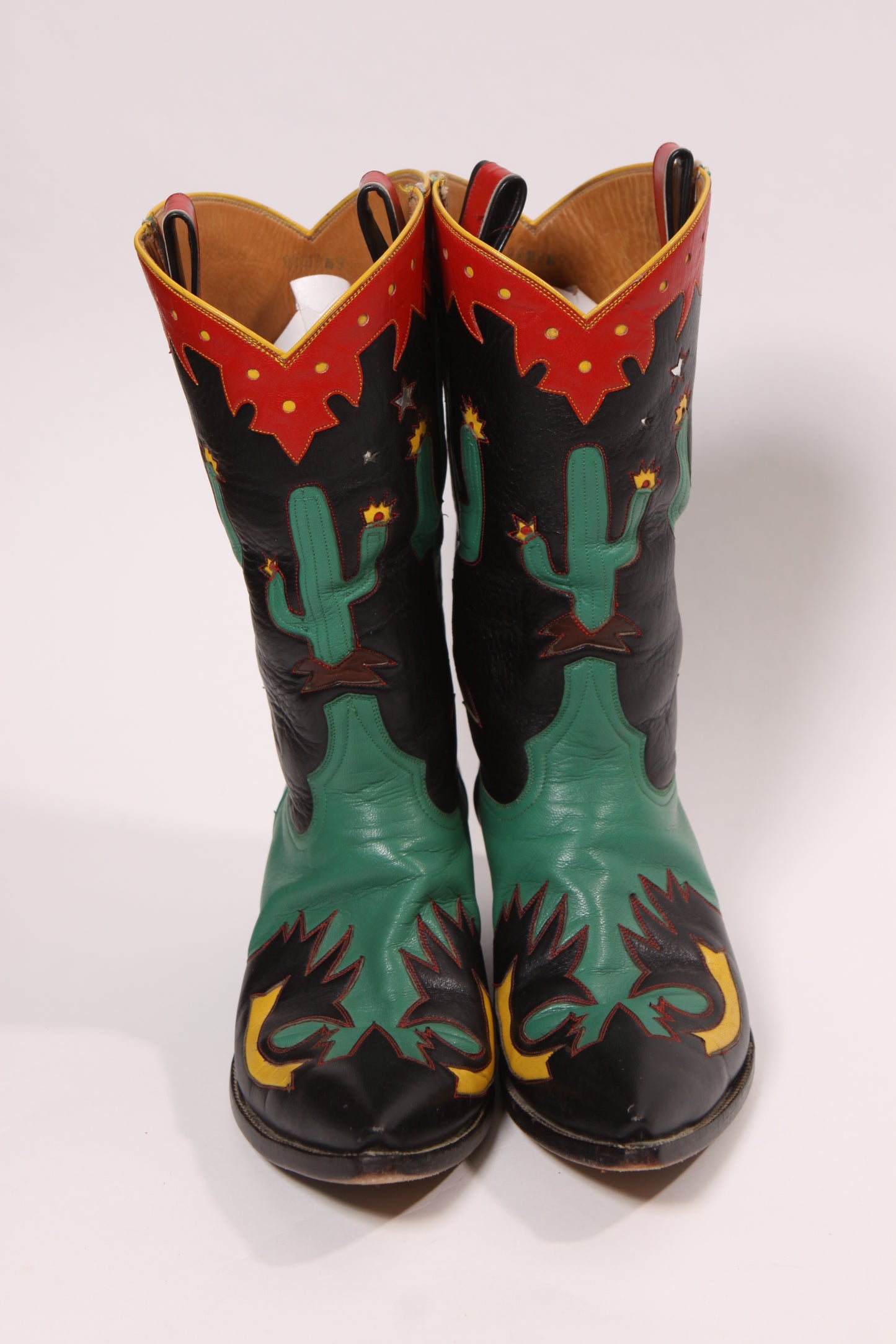 1990s Black, Green, Red and Yellow Novelty Cactus Handmade Custom Western Cowboy Boots -Size 9