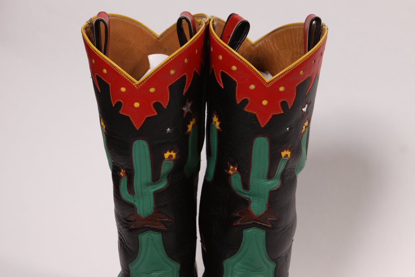 1990s Black, Green, Red and Yellow Novelty Cactus Handmade Custom Western Cowboy Boots -Size 9