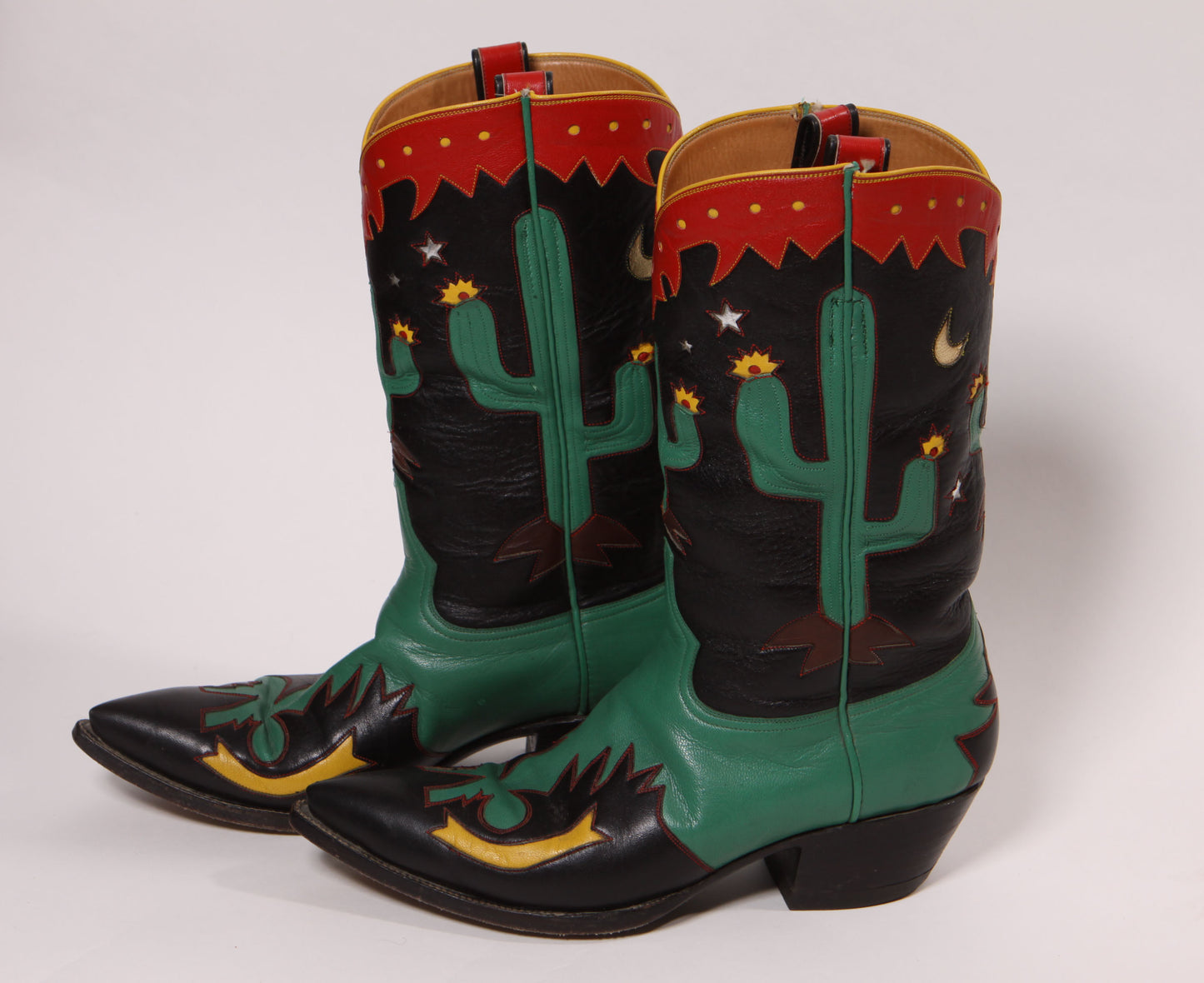 1990s Black, Green, Red and Yellow Novelty Cactus Handmade Custom Western Cowboy Boots -Size 9