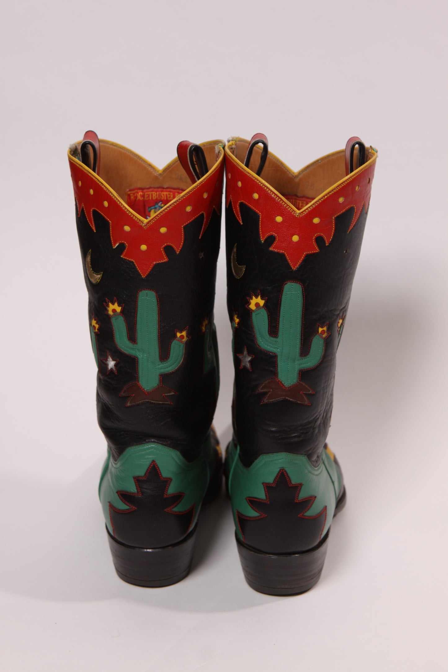 1990s Black, Green, Red and Yellow Novelty Cactus Handmade Custom Western Cowboy Boots -Size 9