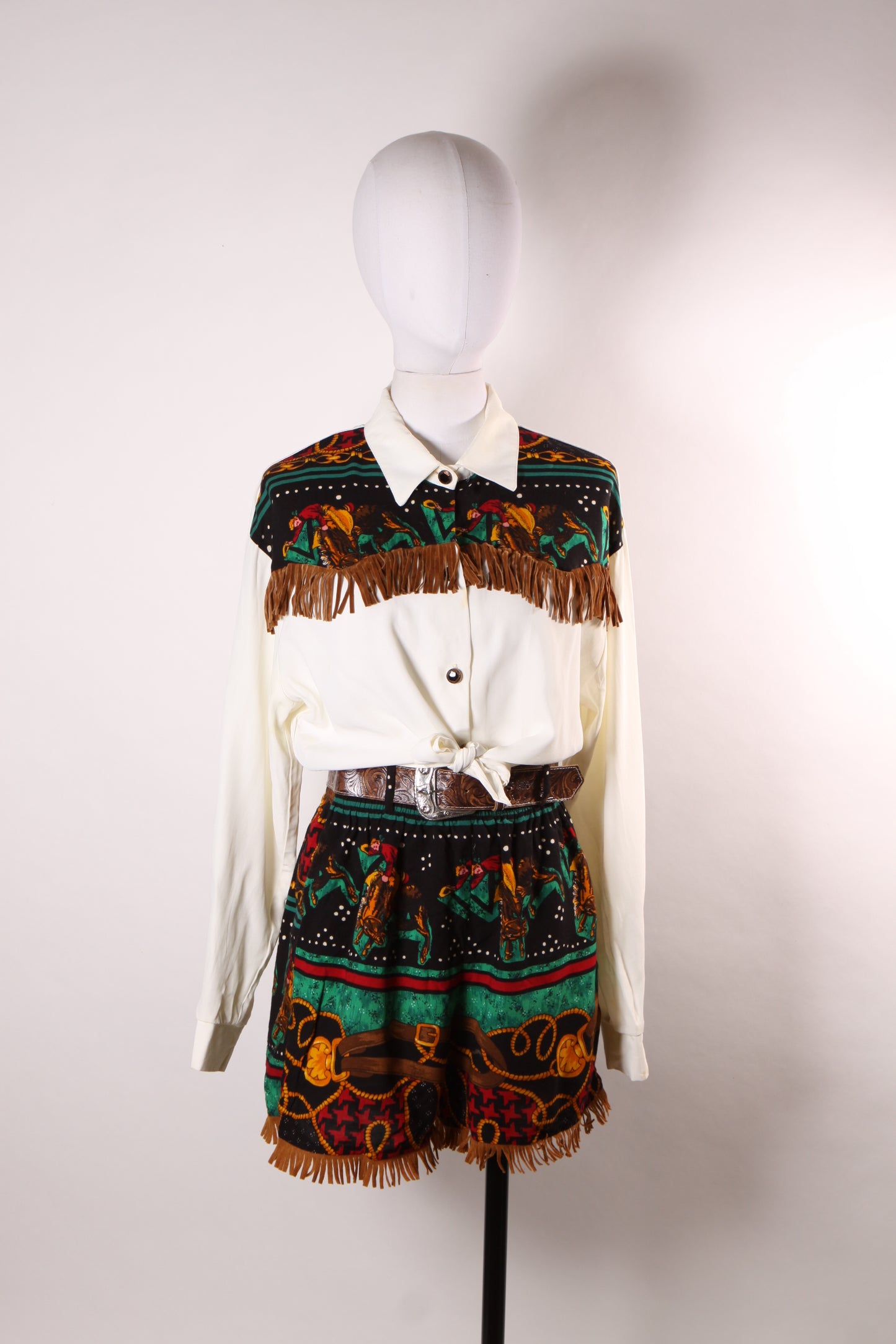 1980s Novelty White, Black, Green and Red Novelty Western Bucking Horse Fringe Shorts with Matching Cropped Blouse by My Michelle