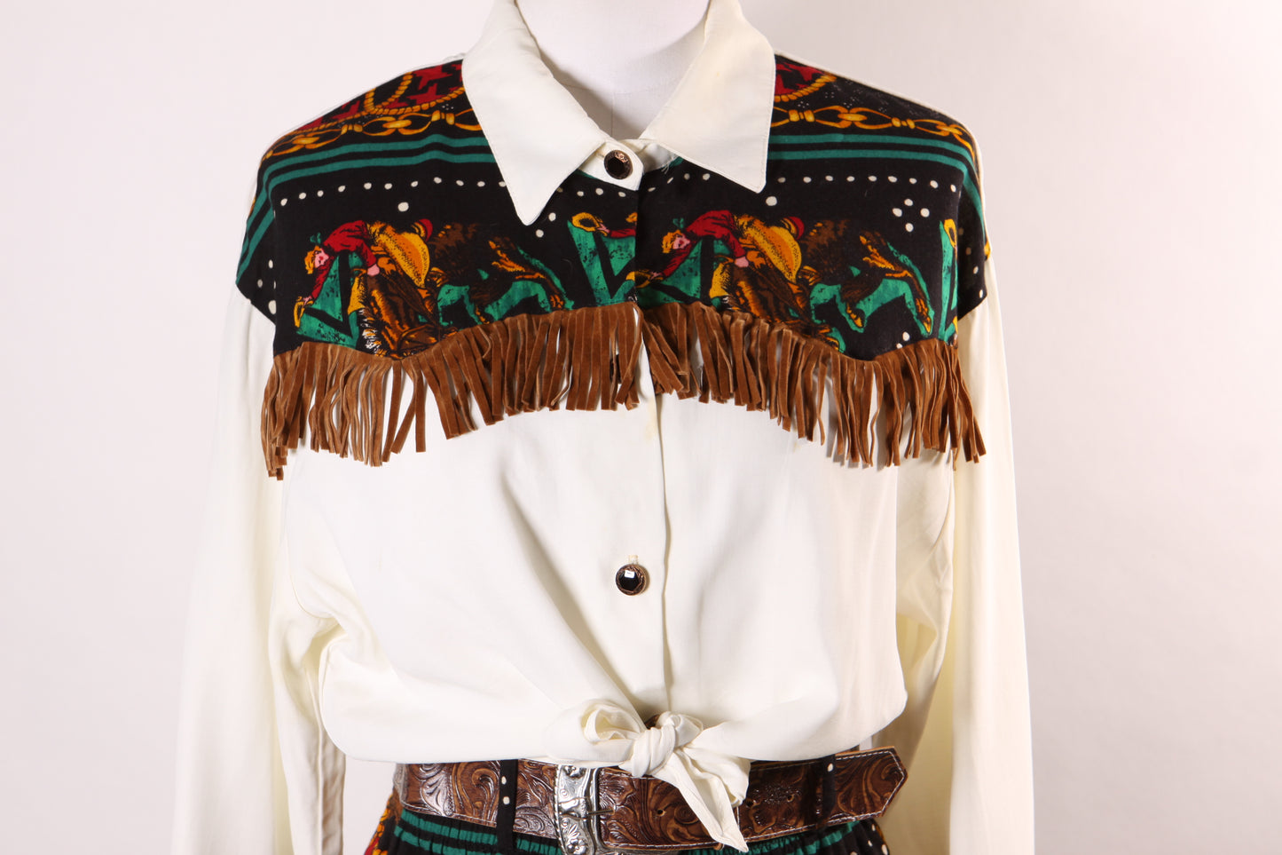 1980s Novelty White, Black, Green and Red Novelty Western Bucking Horse Fringe Shorts with Matching Cropped Blouse by My Michelle