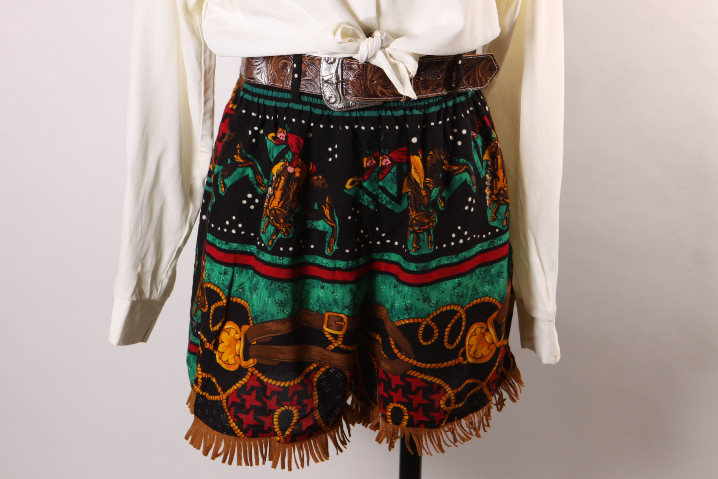 1980s Novelty White, Black, Green and Red Novelty Western Bucking Horse Fringe Shorts with Matching Cropped Blouse by My Michelle